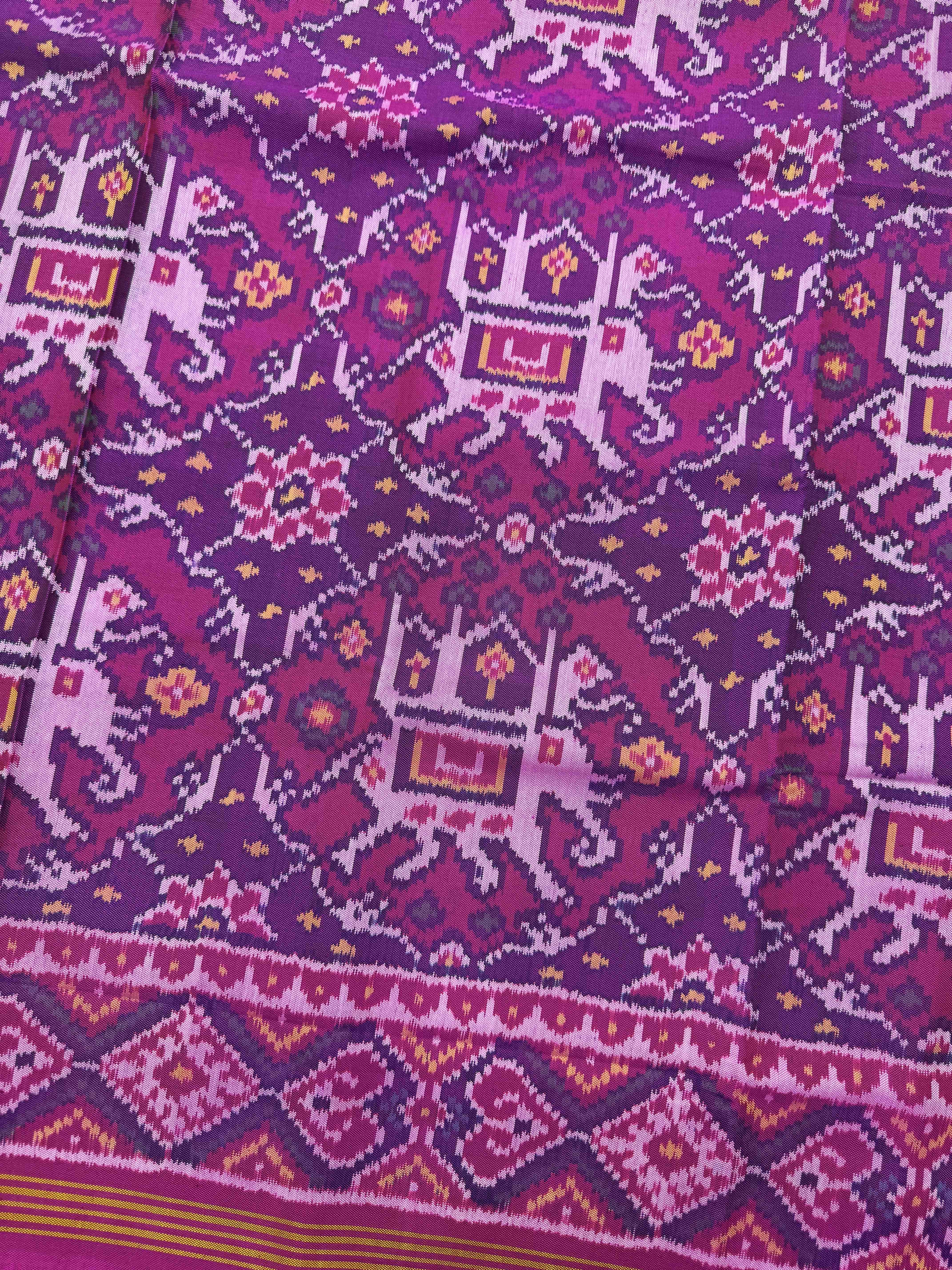 Purple & Pink Elephant Chhabdi Single Ikat Patan Patola Saree
