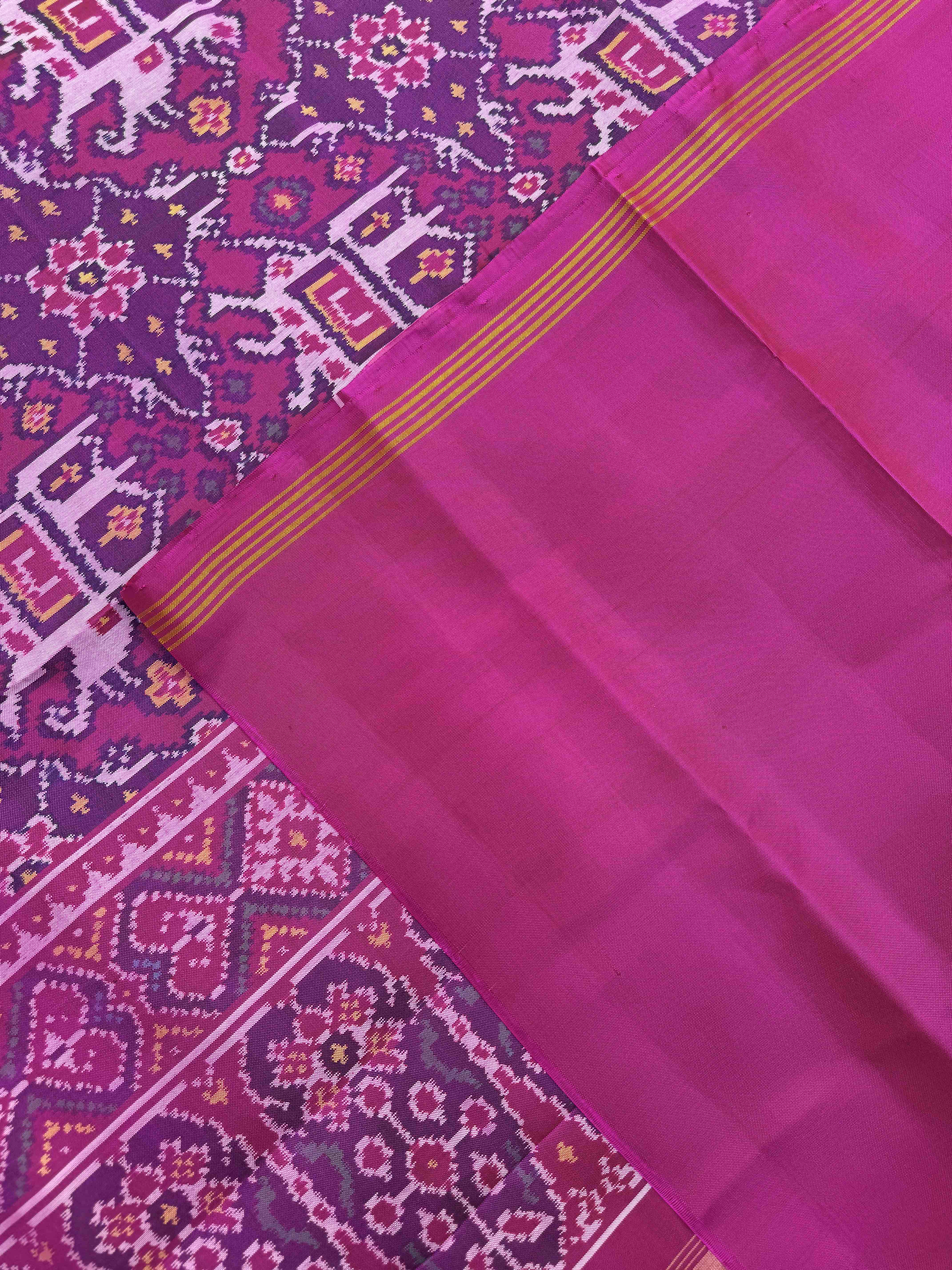 Purple & Pink Elephant Chhabdi Single Ikat Patan Patola Saree