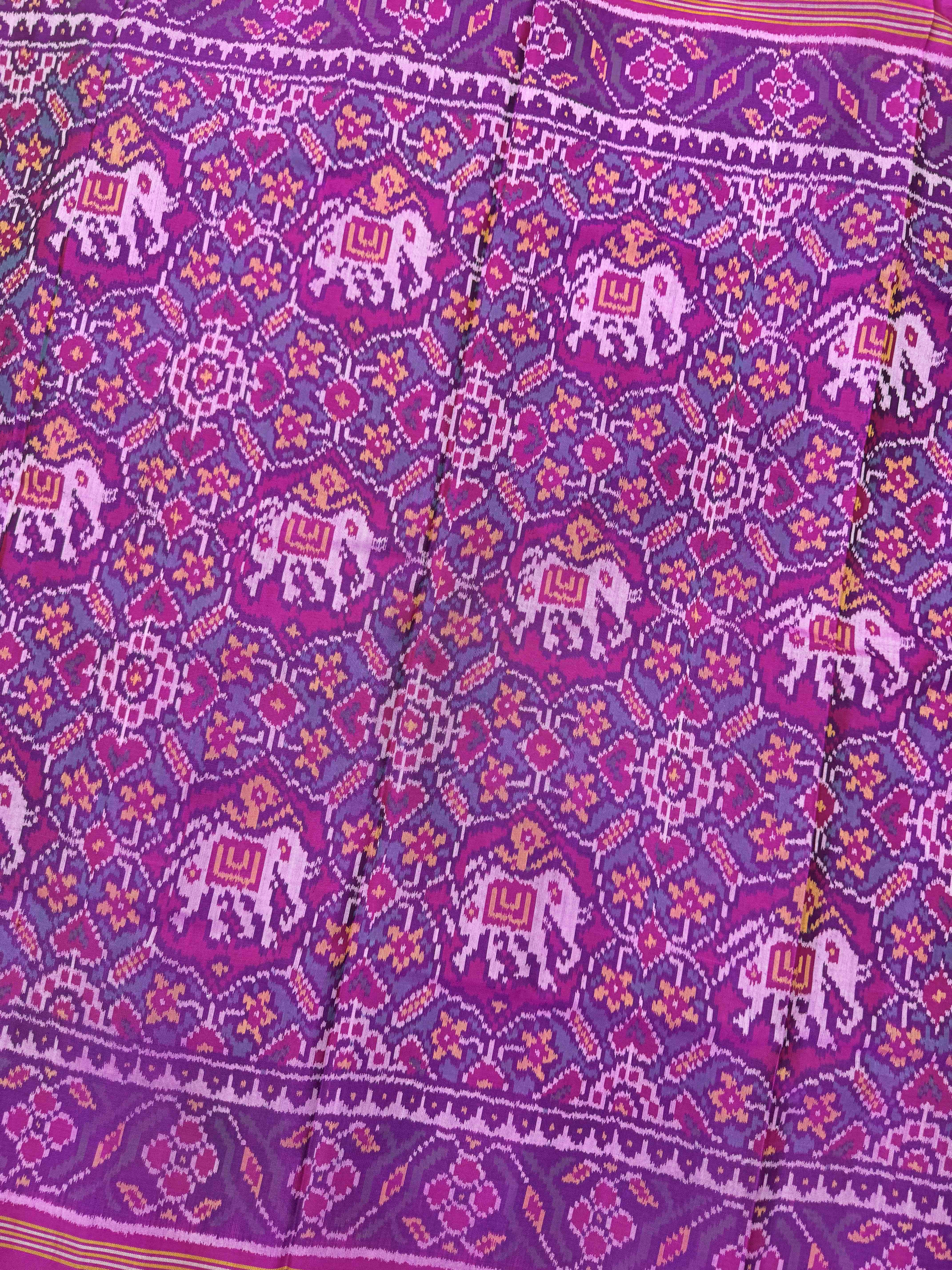 Pink & Turquoise Manekchowk Elephant Single Ikat Patan Patola Saree