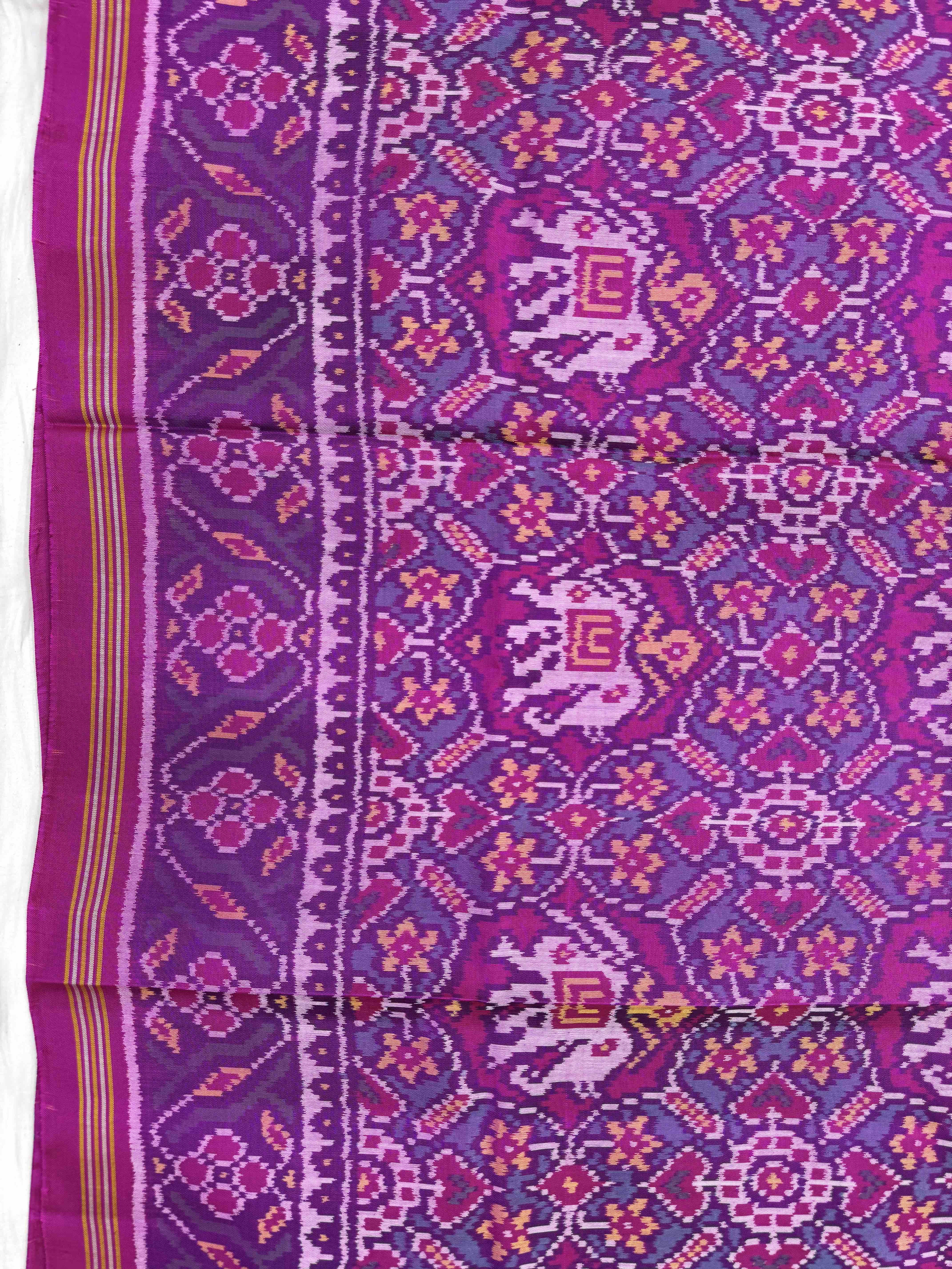 Pink & Turquoise Manekchowk Elephant Single Ikat Patan Patola Saree