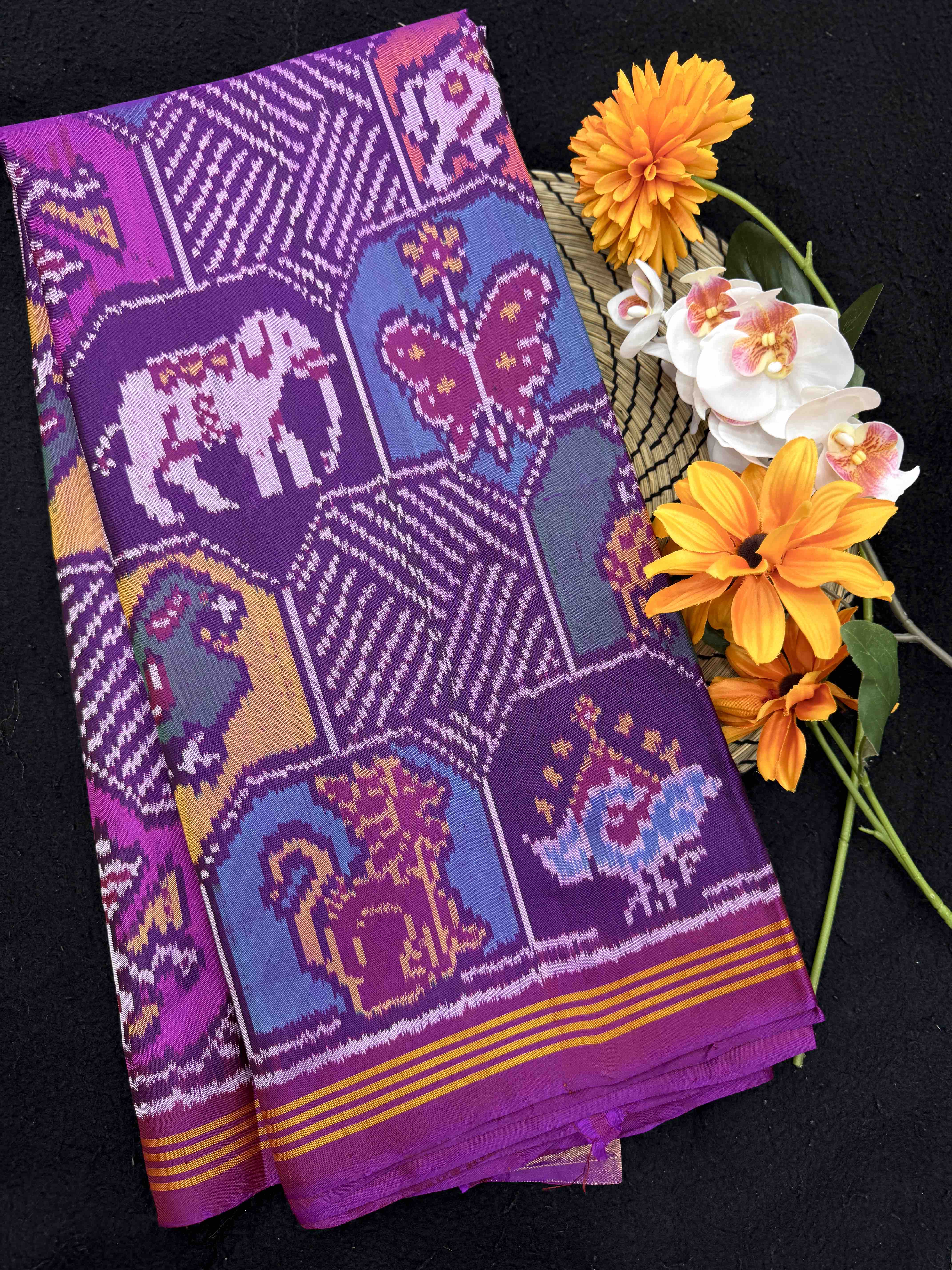 Pink Purple with Multicolour Narikunj Fancy Single Ikat Patan Patola Saree