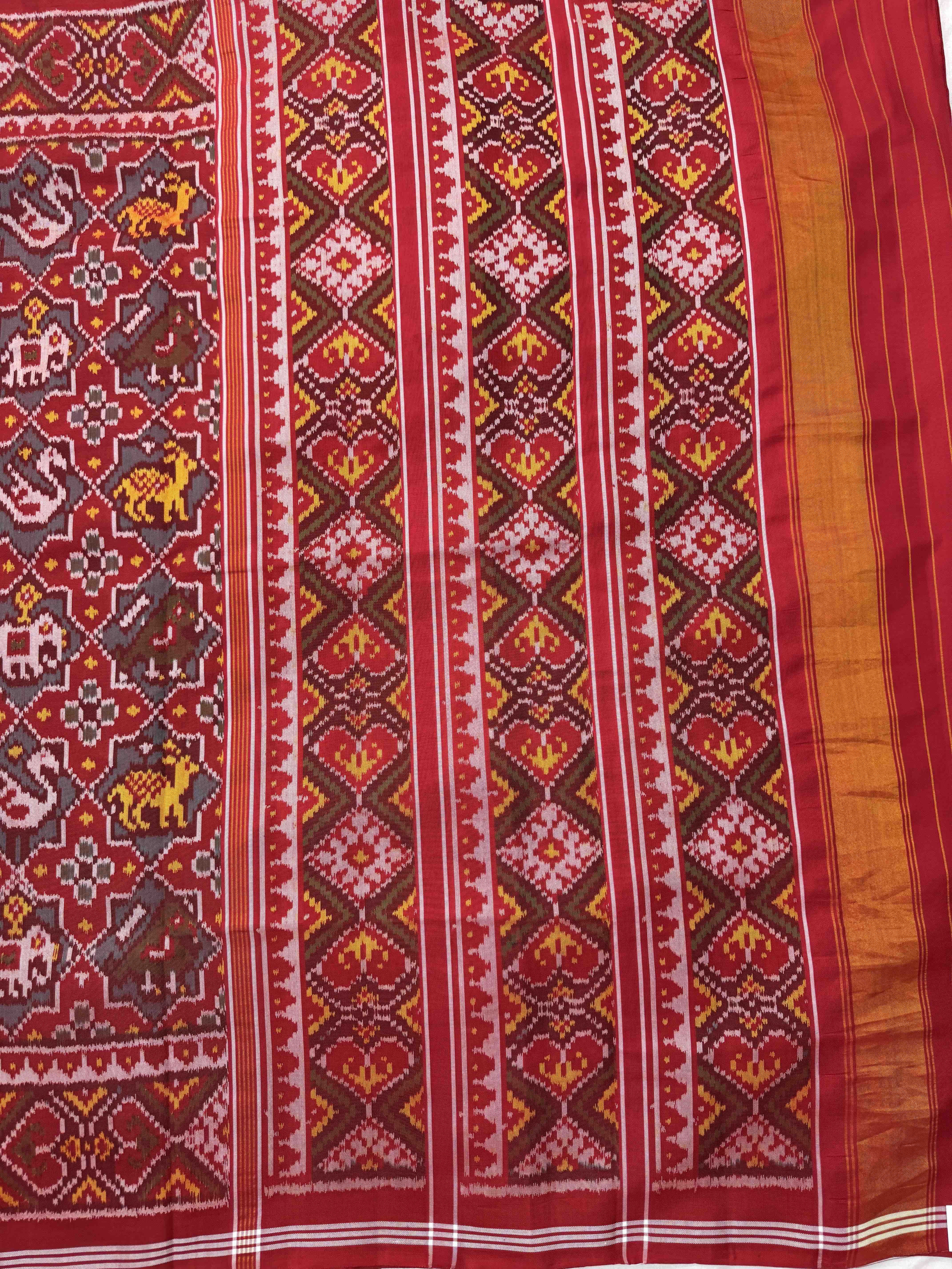 Red & Turquoise Small Star Narikunj Single Ikat Patan Patola Saree
