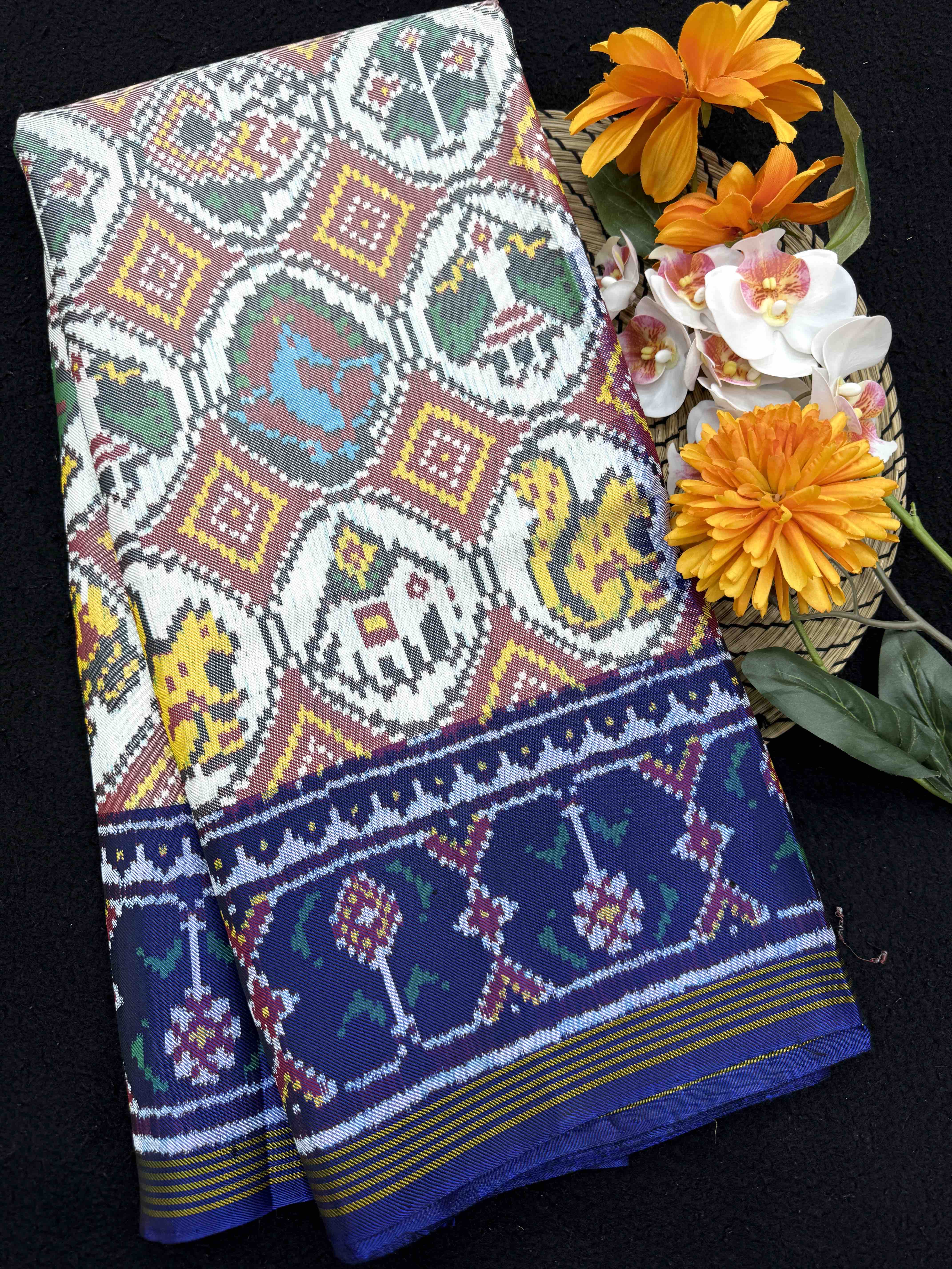Blue & White Small Circle Narikunj Twill Patola Saree