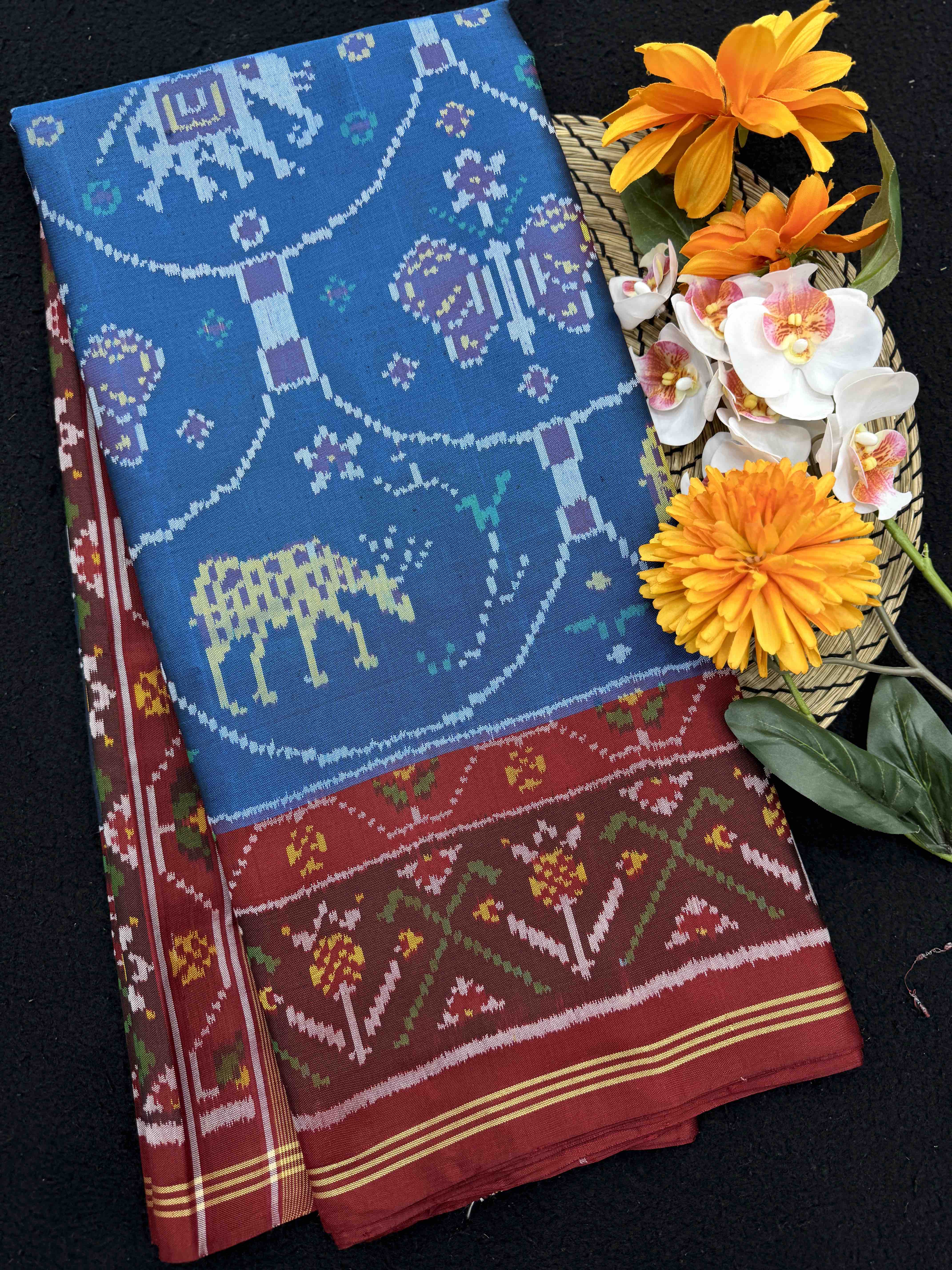 Maroon & Turquoise Narikunj Fancy Single Ikat Patan Patola Saree
