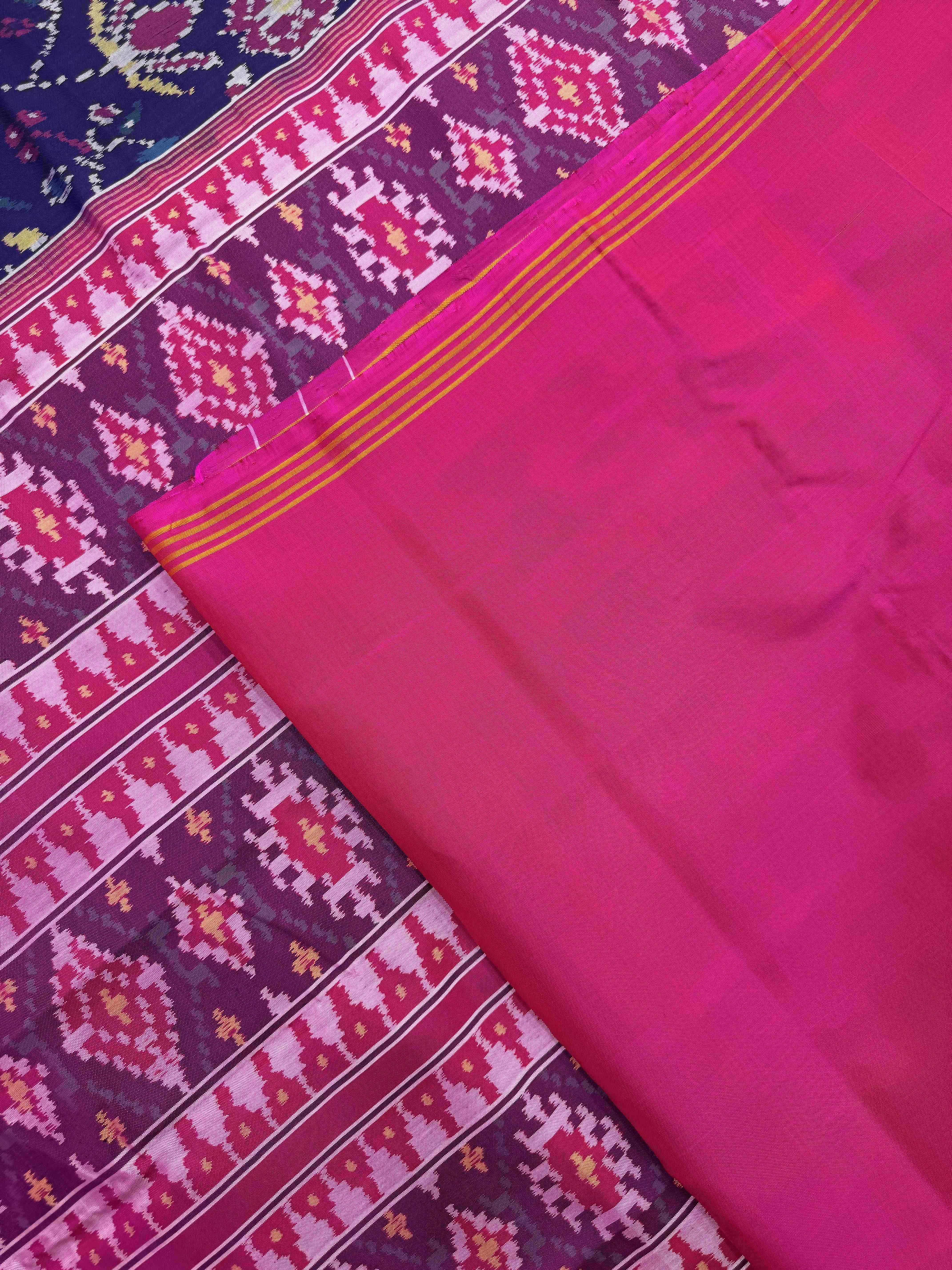 Pink & Blue Fancy Flower Leaves Single Ikat Patan Patola Saree