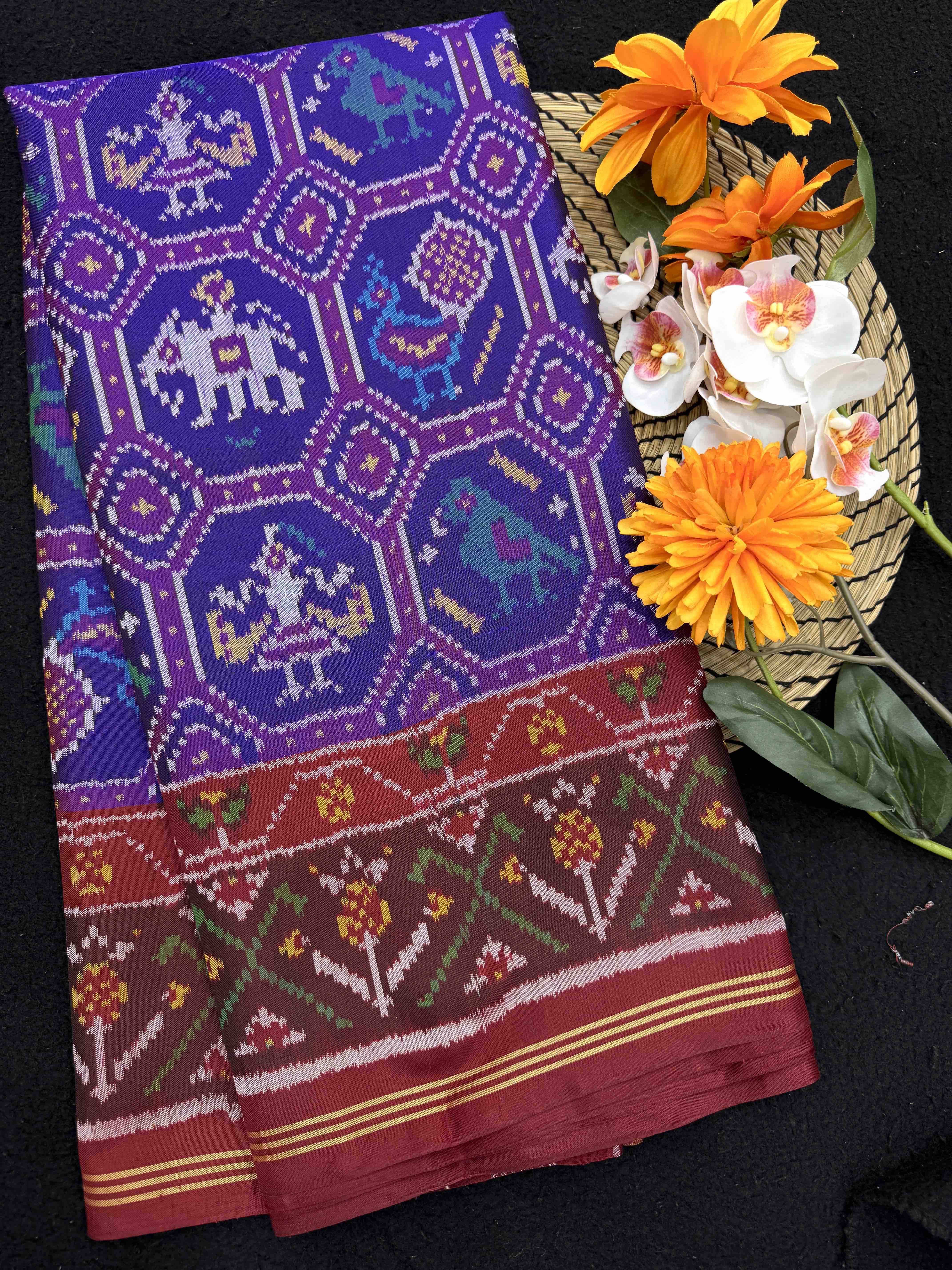 Maroon & Blue Small Narikunj Single Ikat Patan Patola Saree