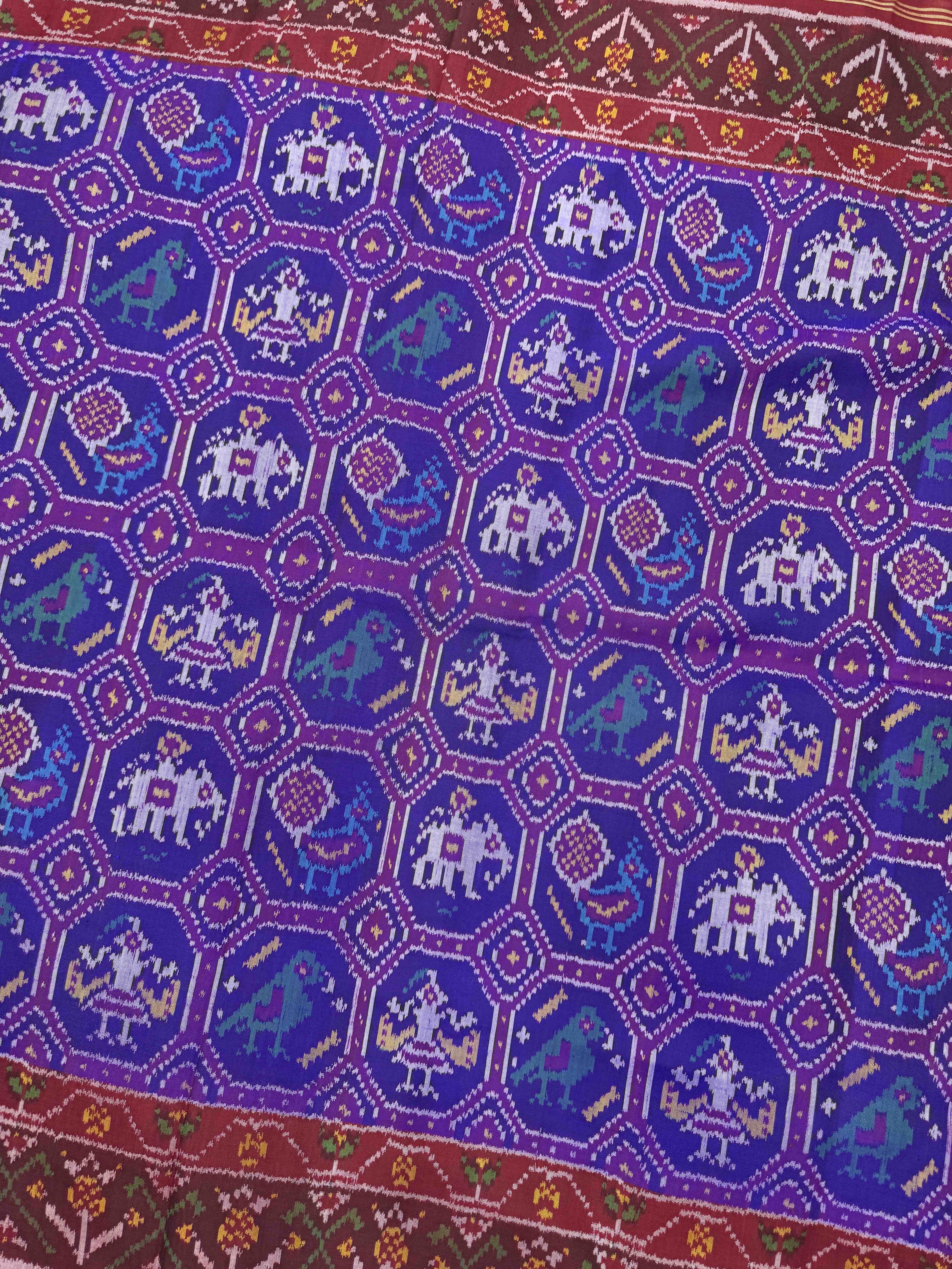 Maroon & Blue Small Narikunj Single Ikat Patan Patola Saree