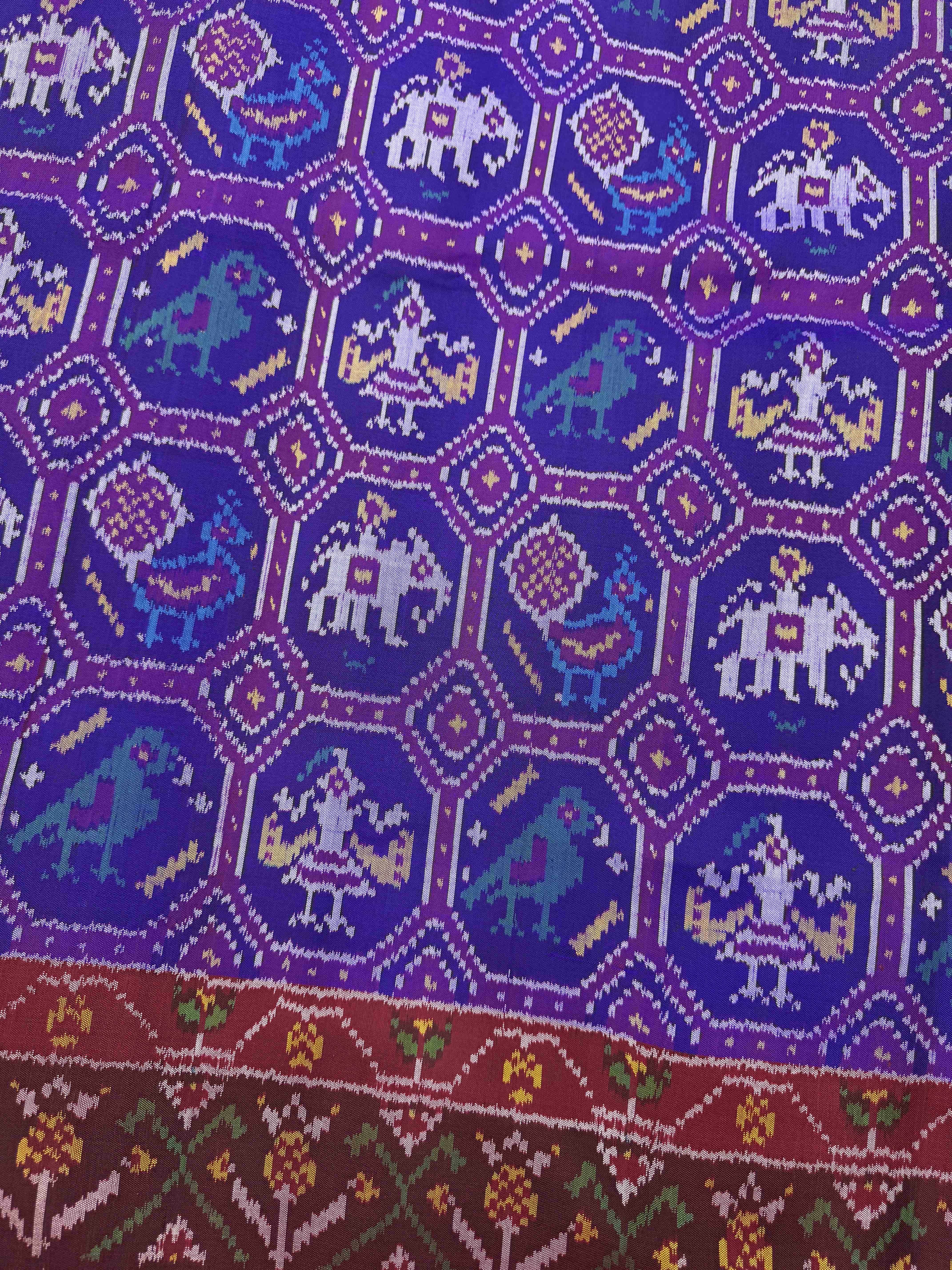 Maroon & Blue Small Narikunj Single Ikat Patan Patola Saree