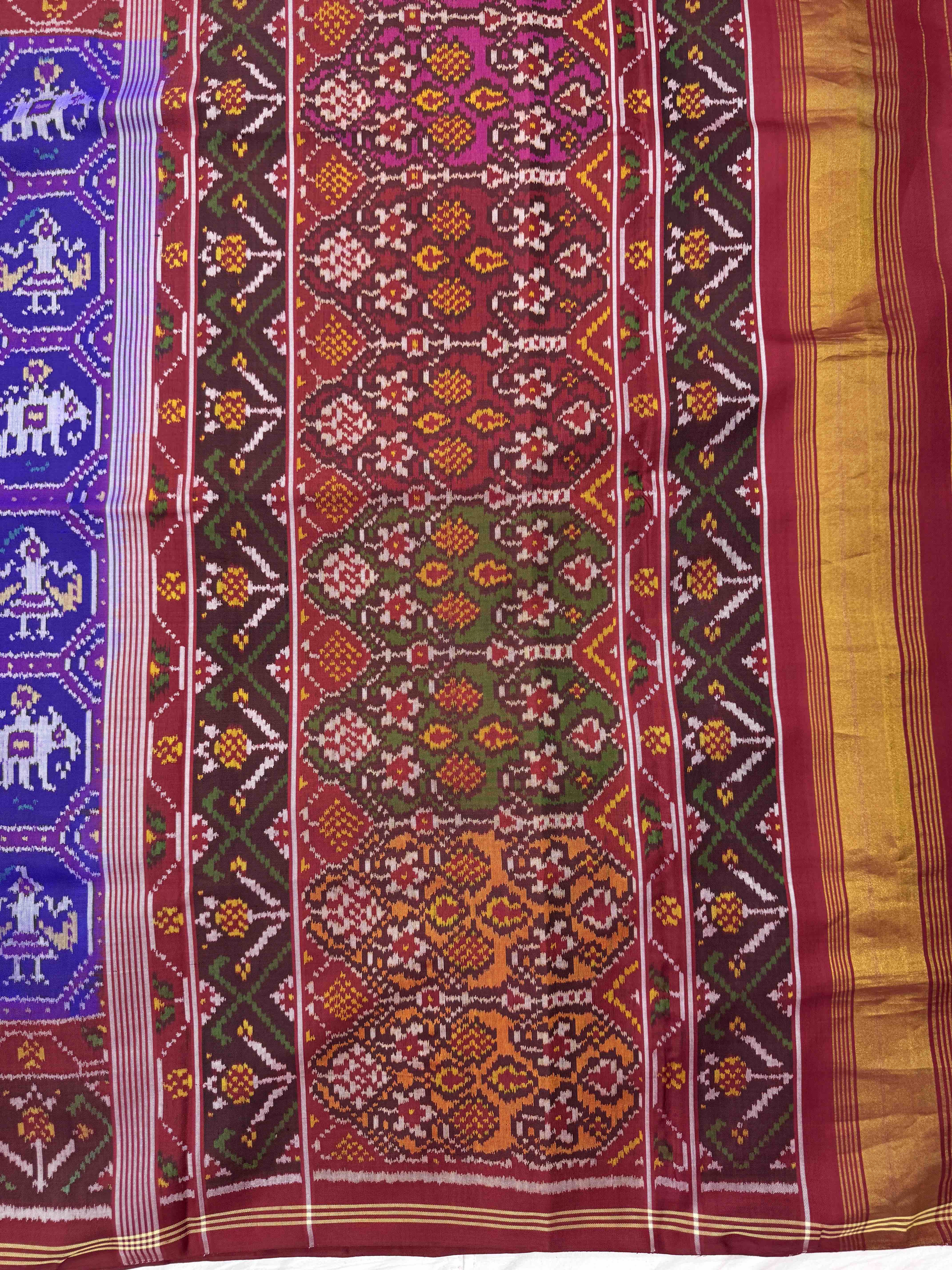 Maroon & Blue Small Narikunj Single Ikat Patan Patola Saree