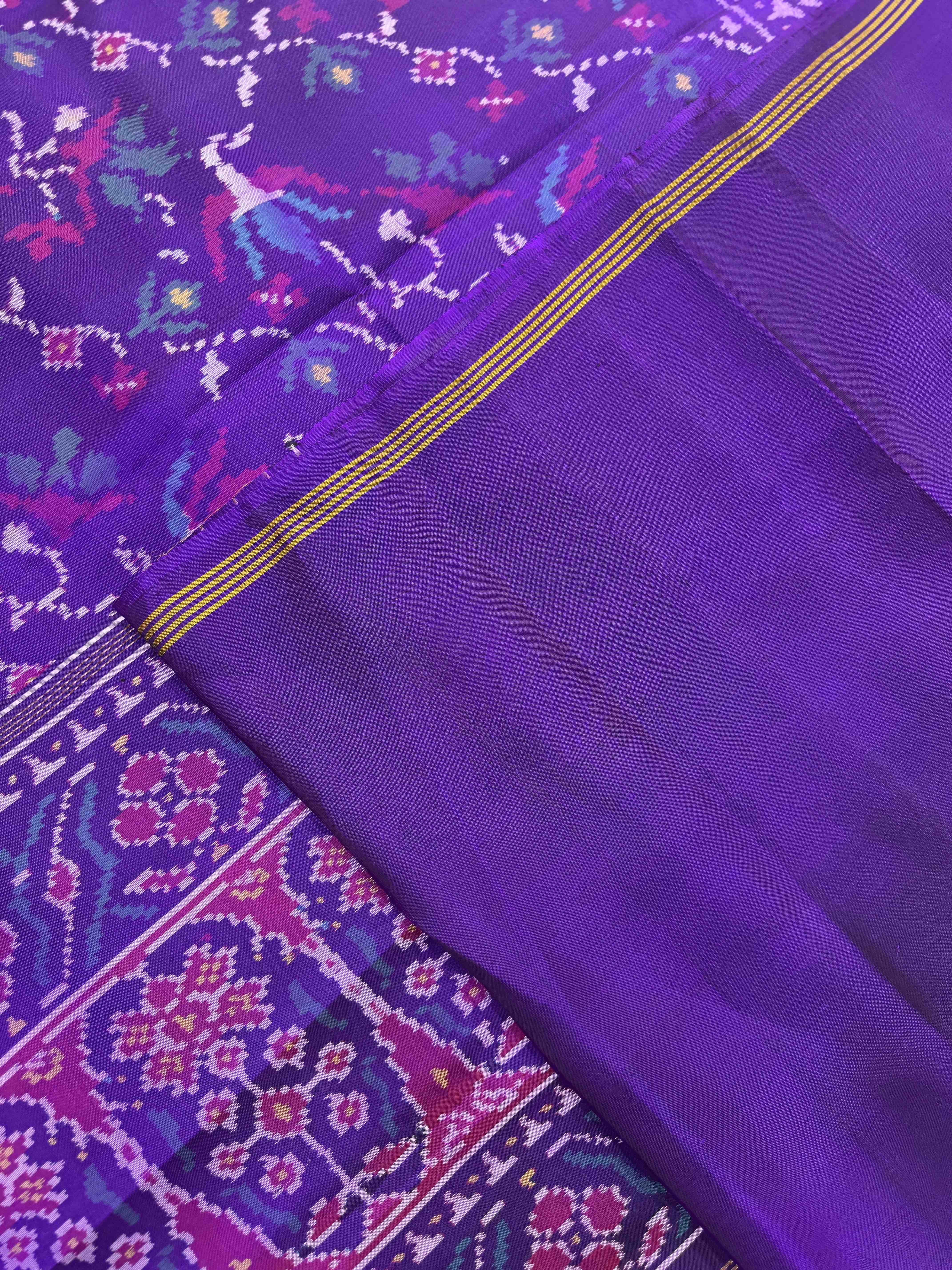 Purple Fancy Flower Leaves Single Ikat Patan Patola Saree