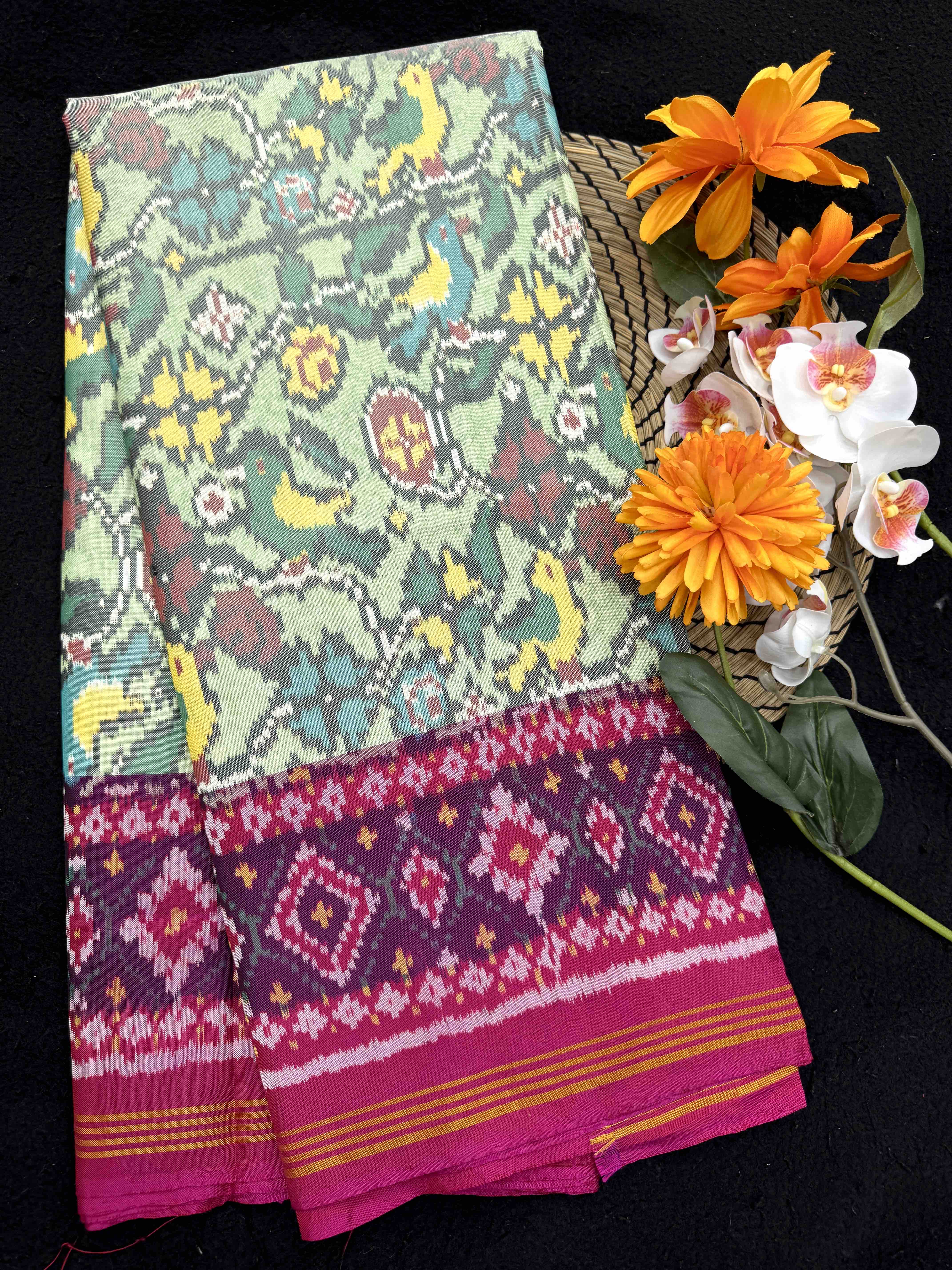Pink & Light Green Flower Birds Single Ikat Patan Patola Saree