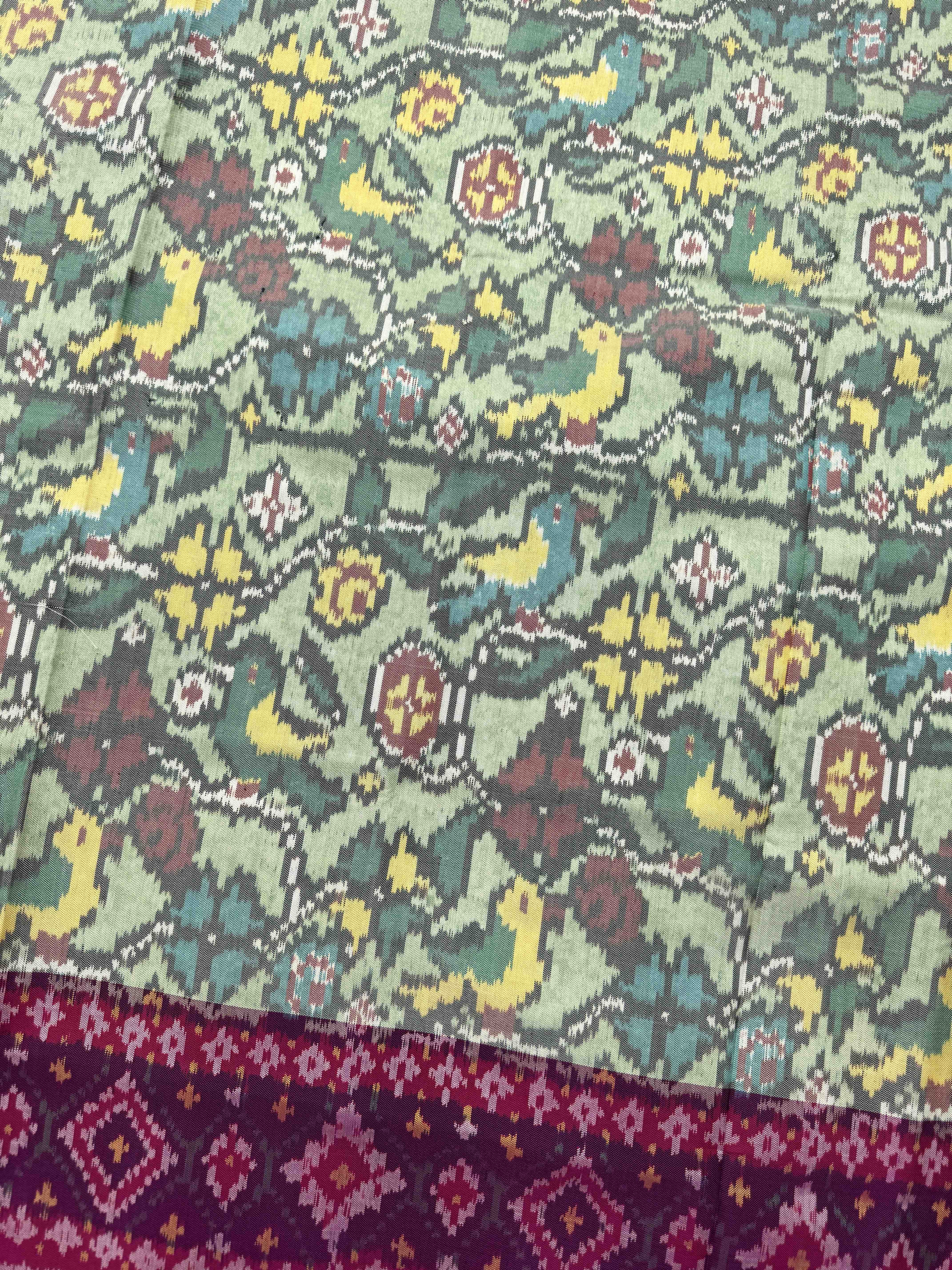 Pink & Light Green Flower Birds Single Ikat Patan Patola Saree