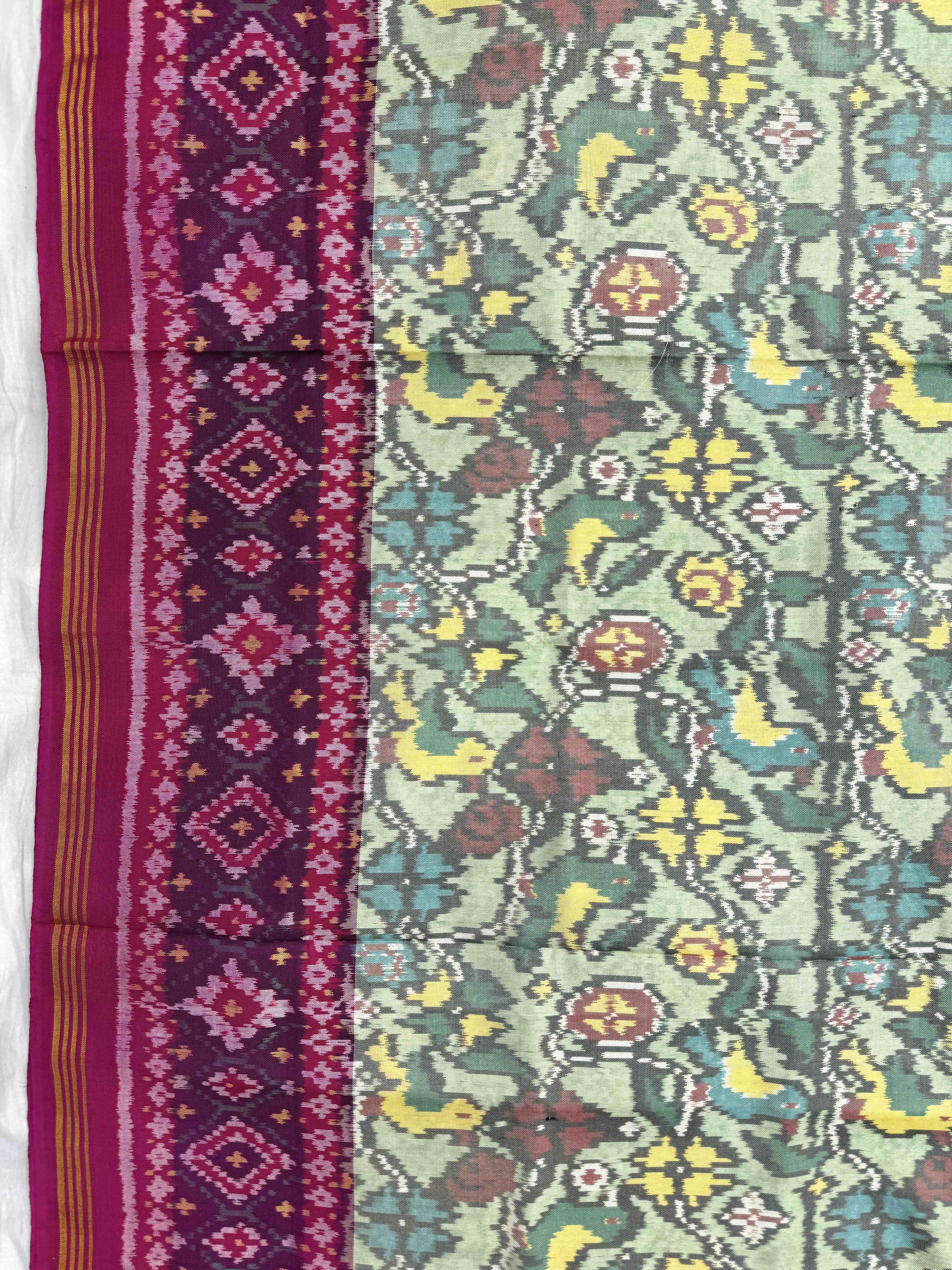Pink & Light Green Flower Birds Single Ikat Patan Patola Saree