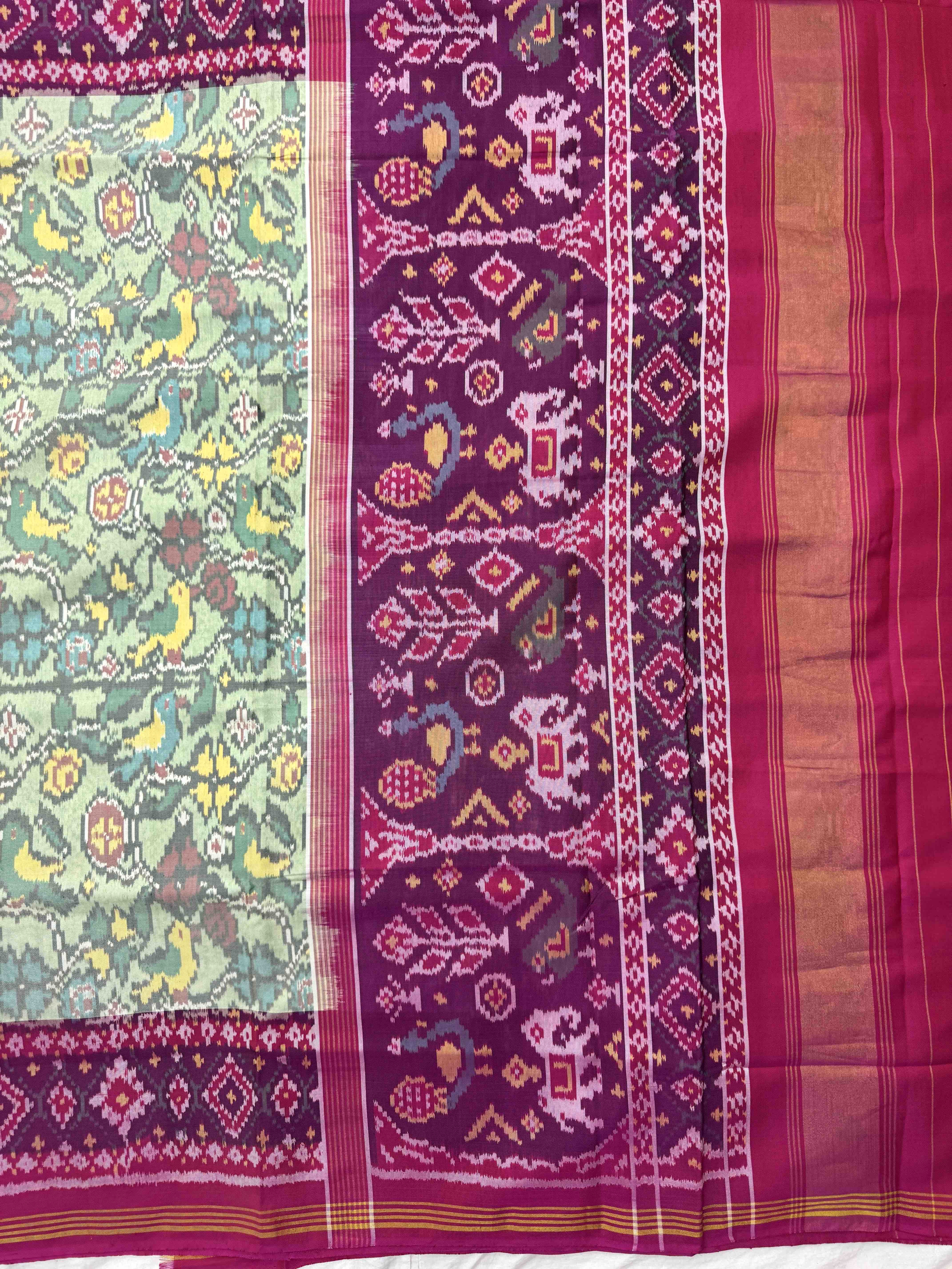 Pink & Light Green Flower Birds Single Ikat Patan Patola Saree