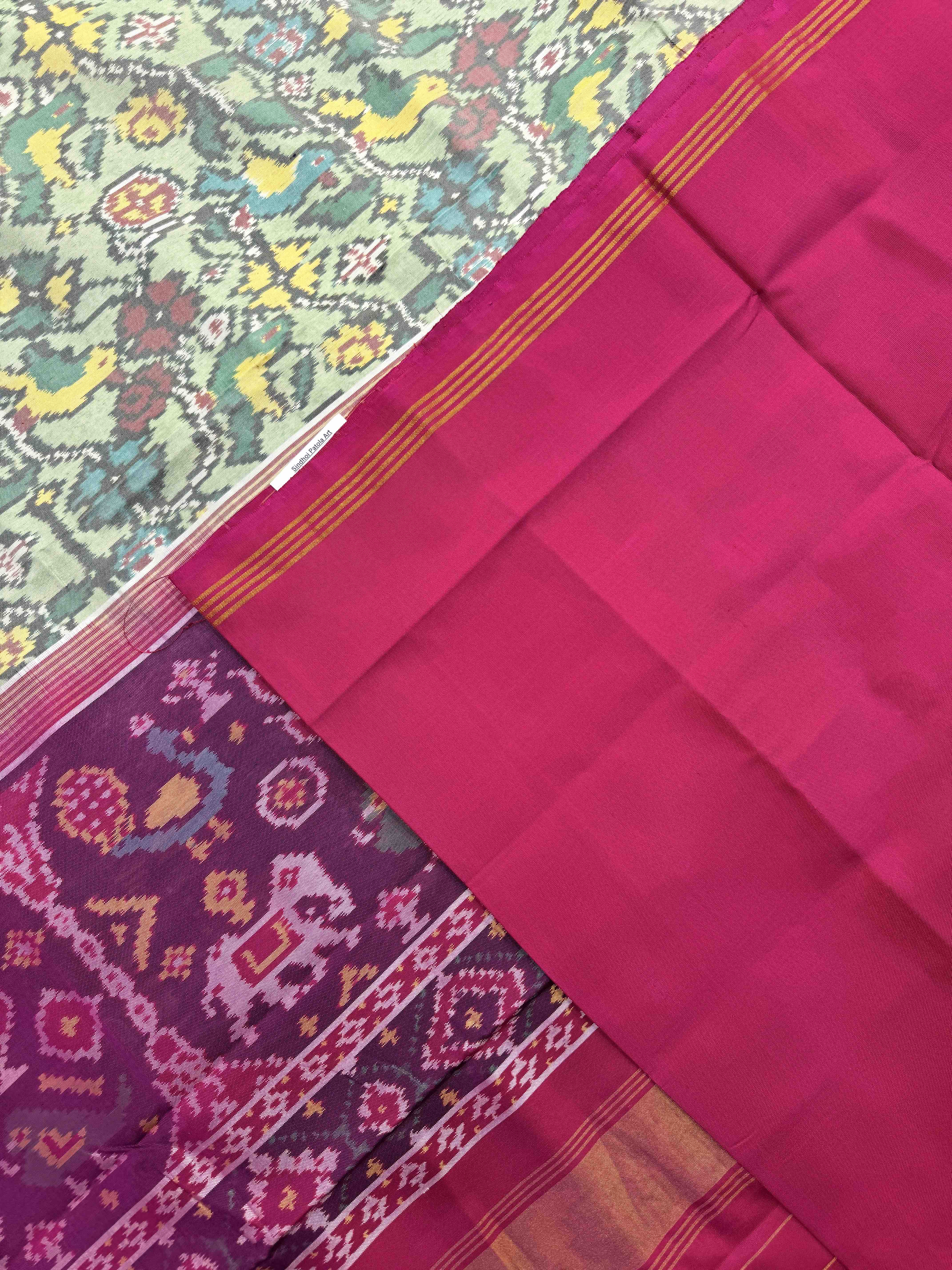 Pink & Light Green Flower Birds Single Ikat Patan Patola Saree