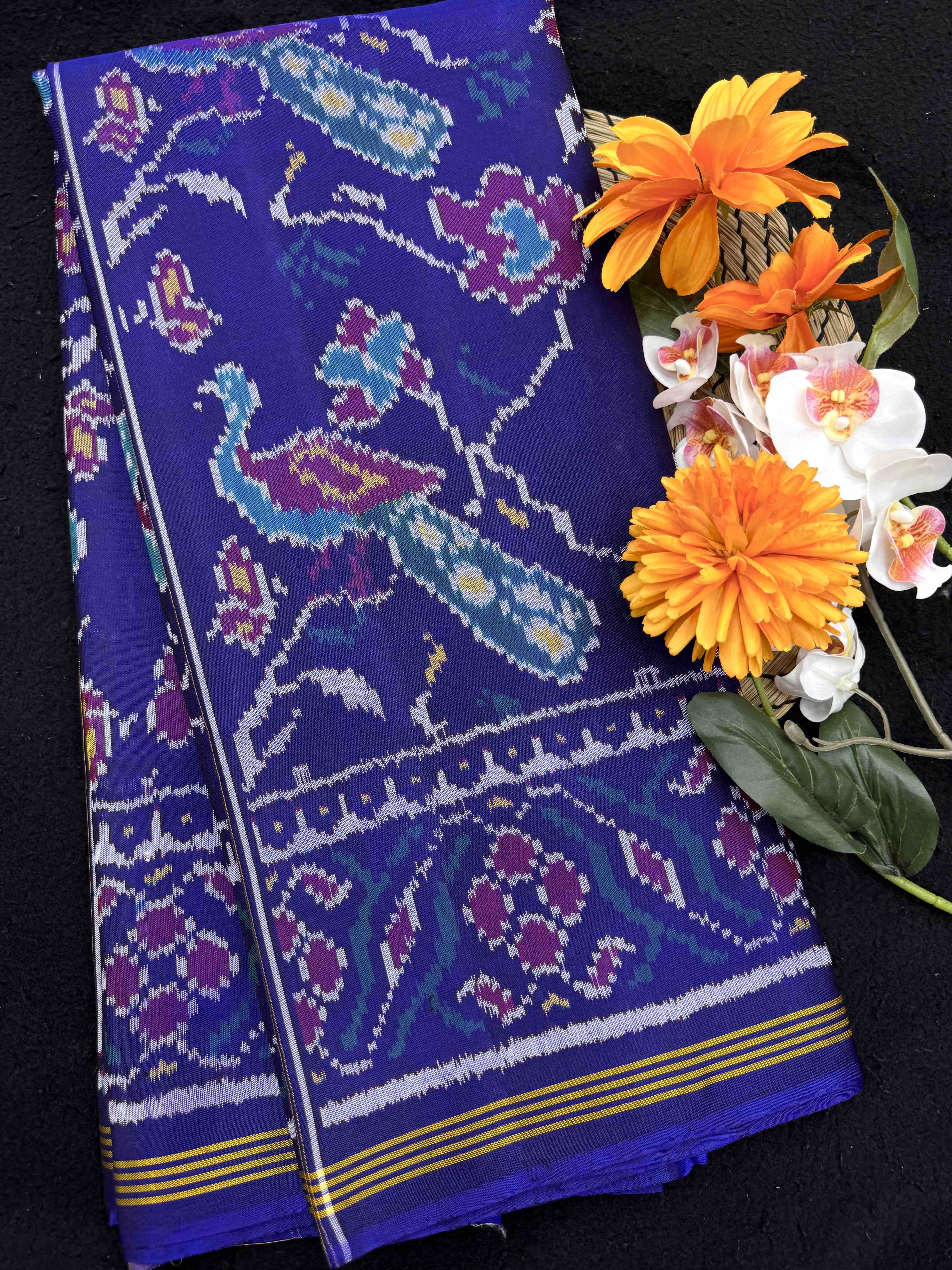 Blue Peacock Leaves Fancy Single Ikat Patan Patola Saree