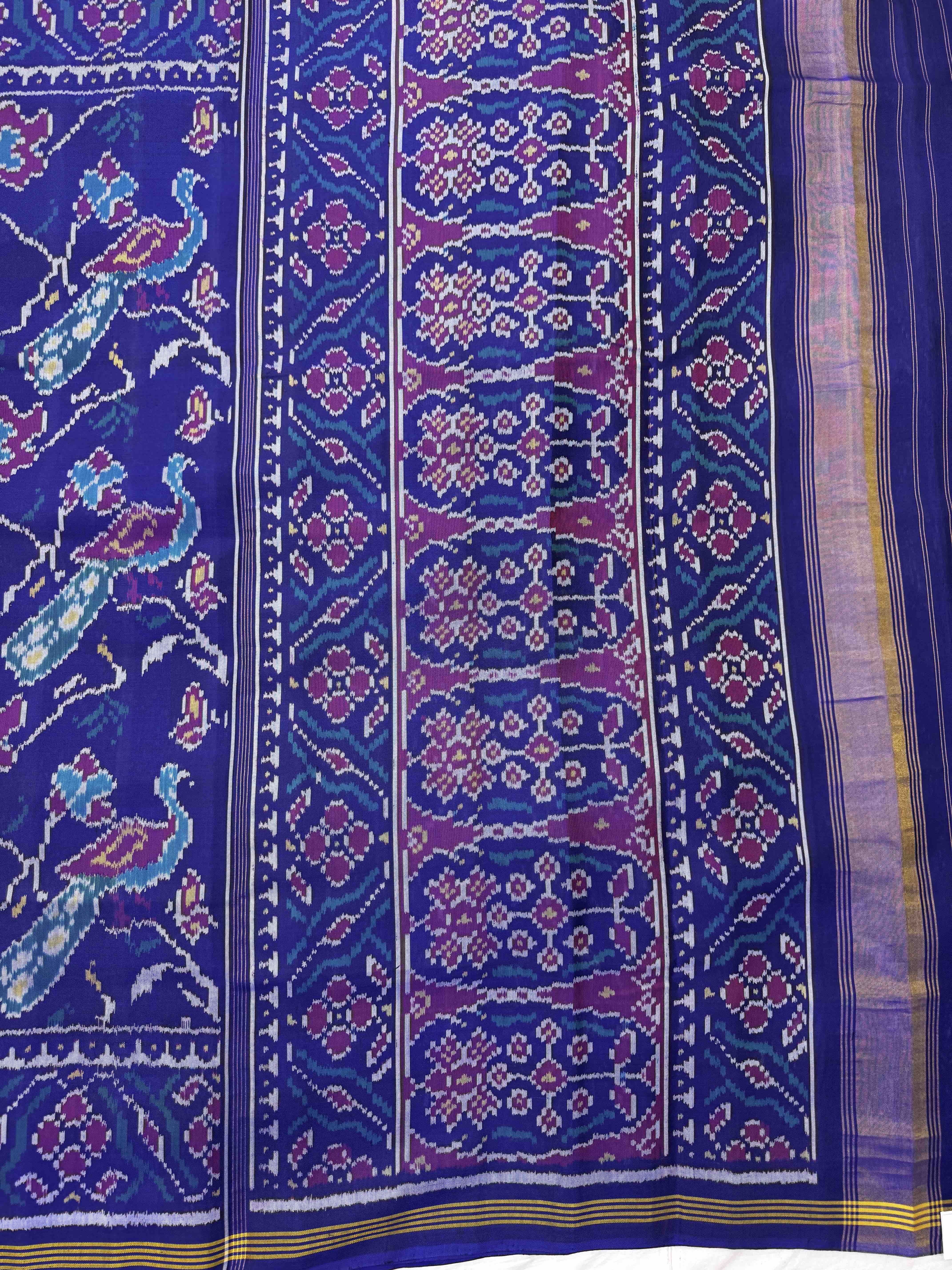 Blue Peacock Leaves Fancy Single Ikat Patan Patola Saree