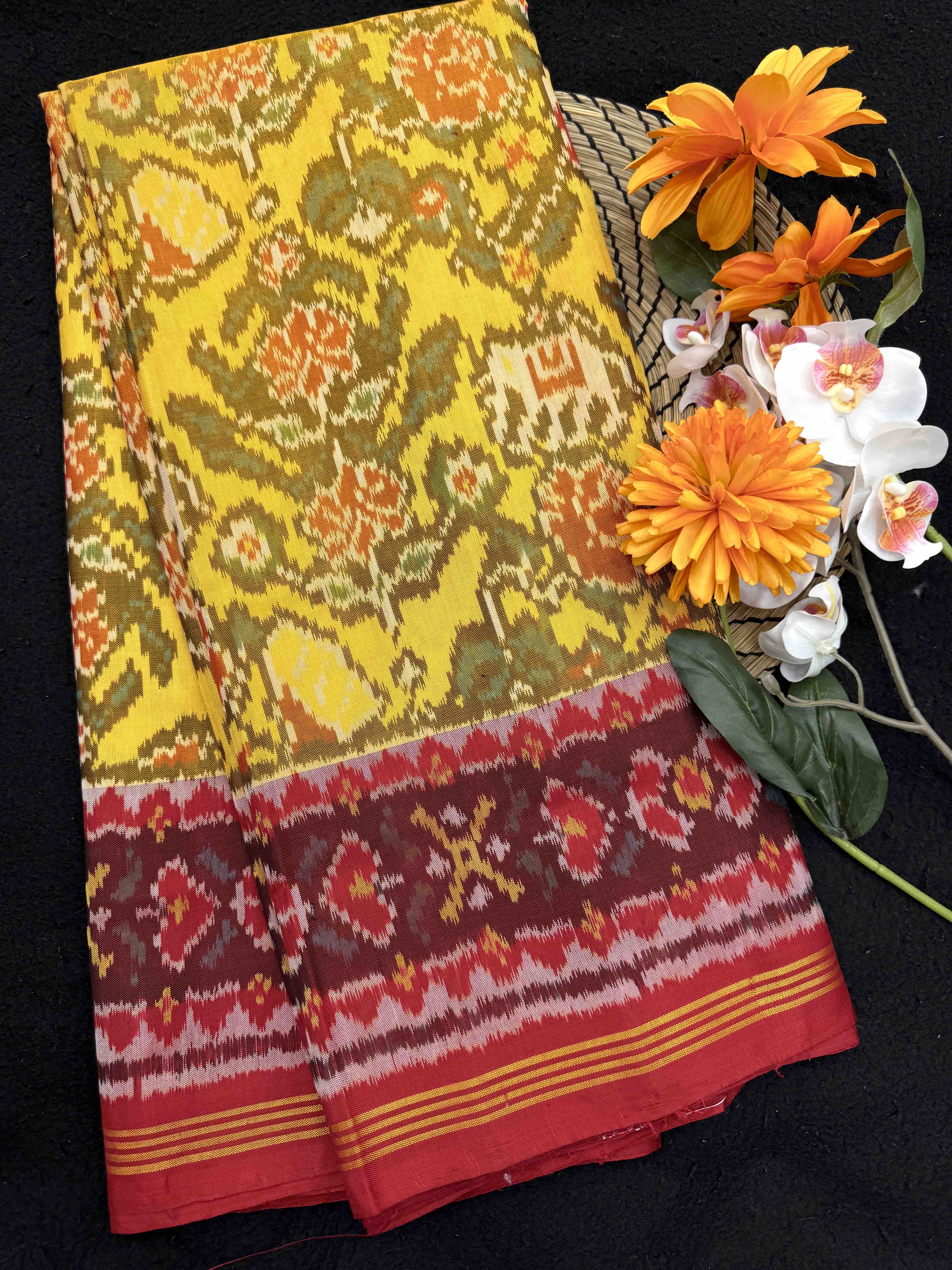 Red & Yellow Elephant Flower Single Ikat Patan Patola Saree