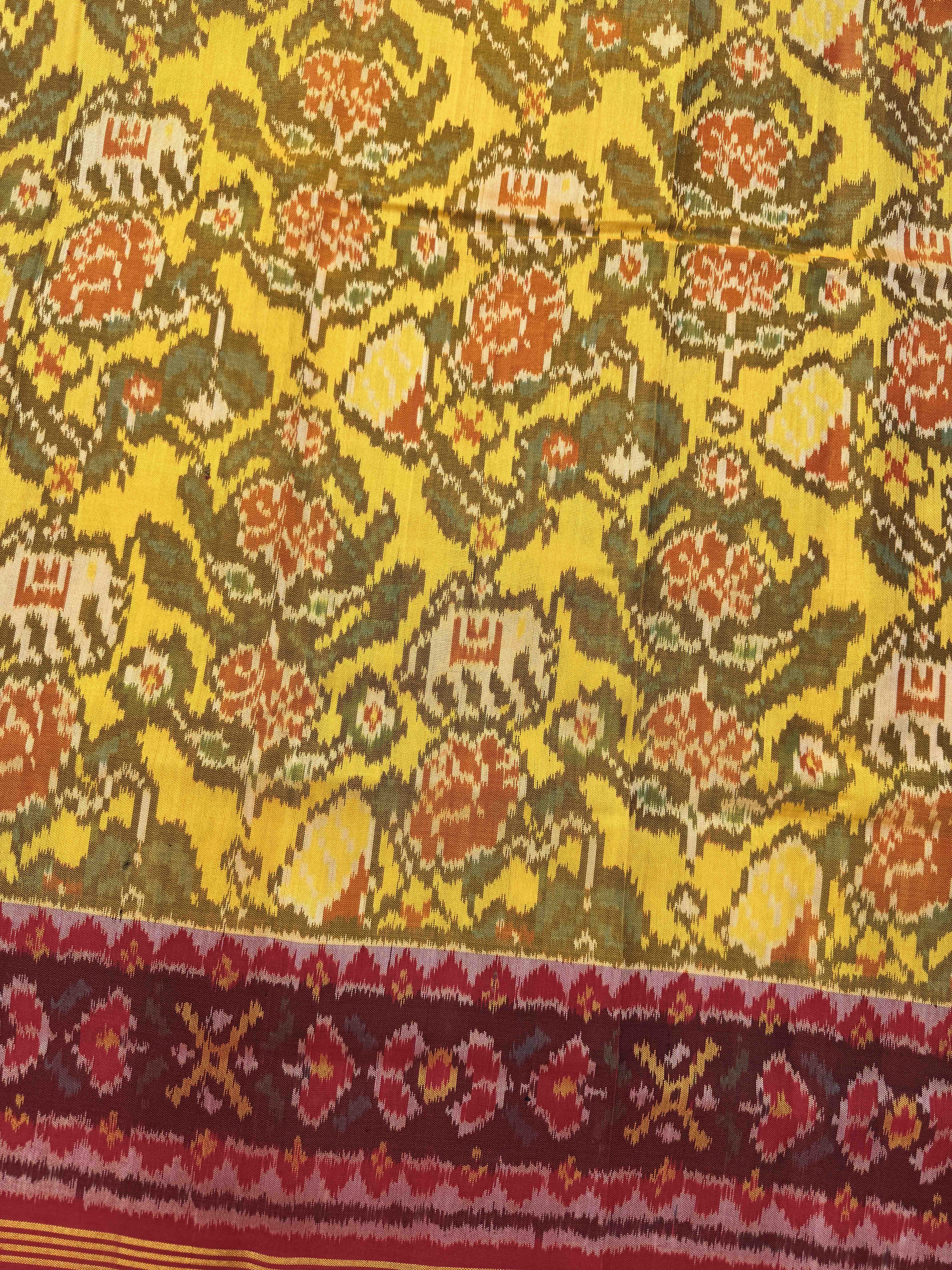 Red & Yellow Elephant Flower Single Ikat Patan Patola Saree