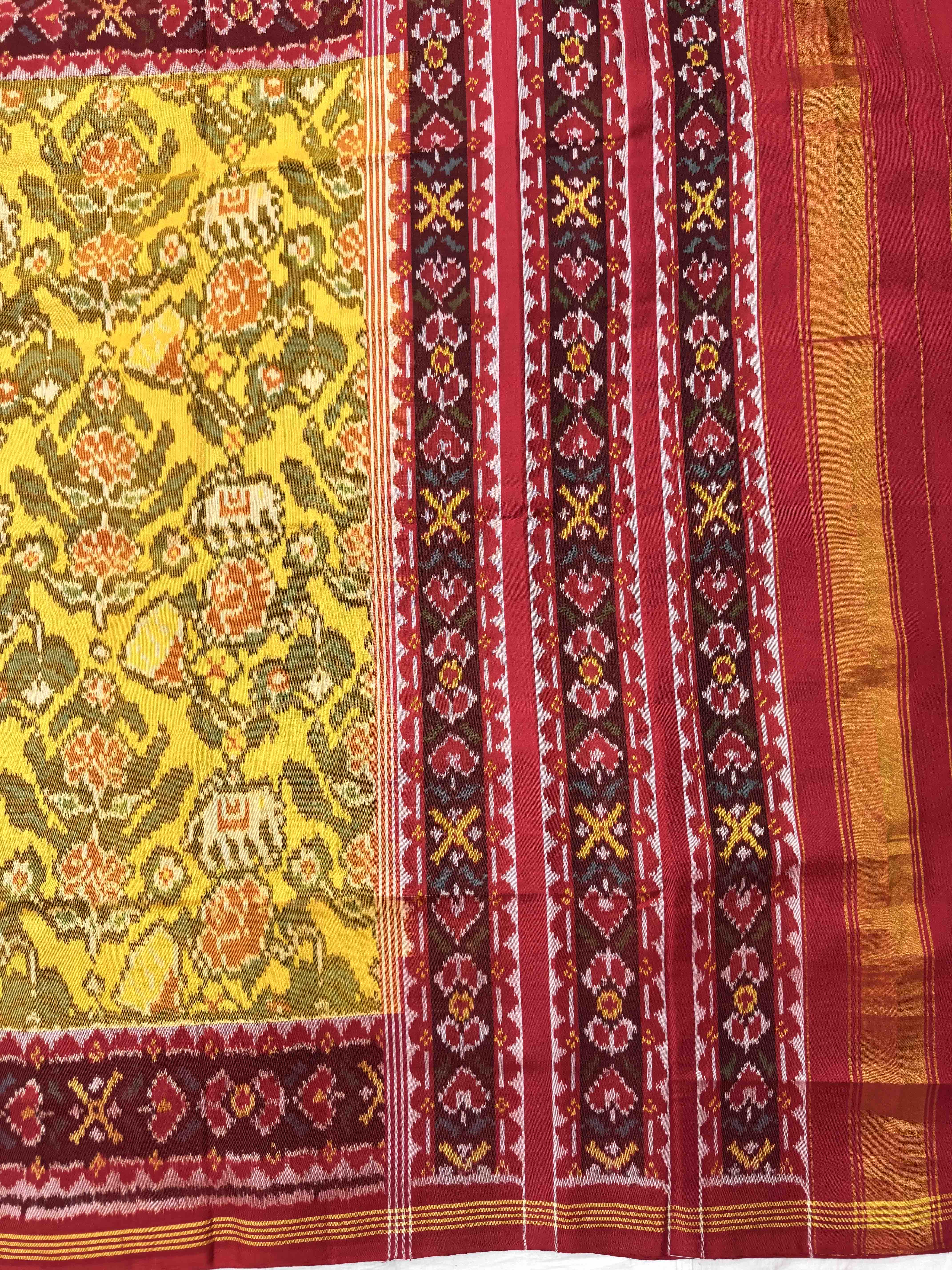 Red & Yellow Elephant Flower Single Ikat Patan Patola Saree