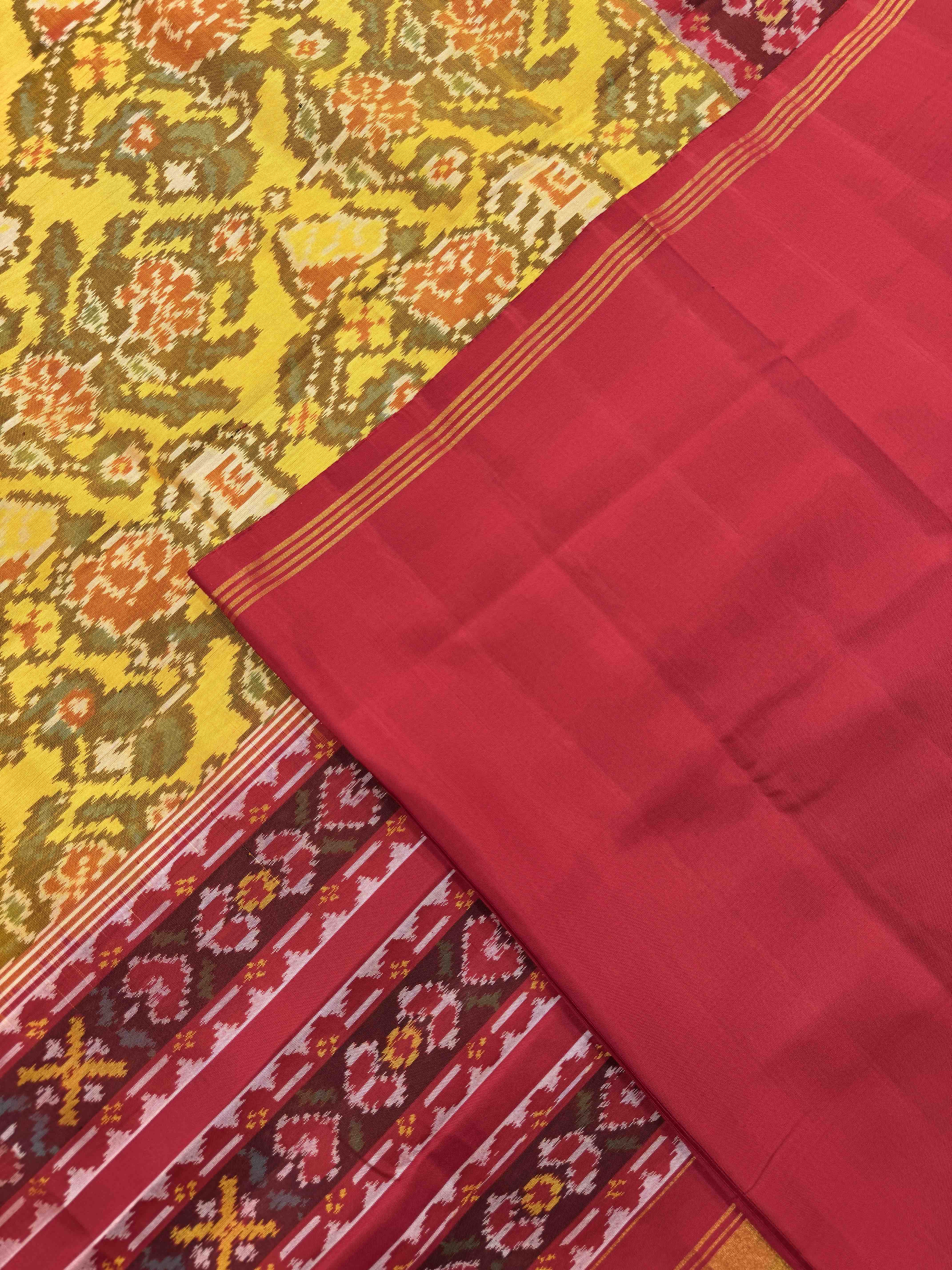 Red & Yellow Elephant Flower Single Ikat Patan Patola Saree