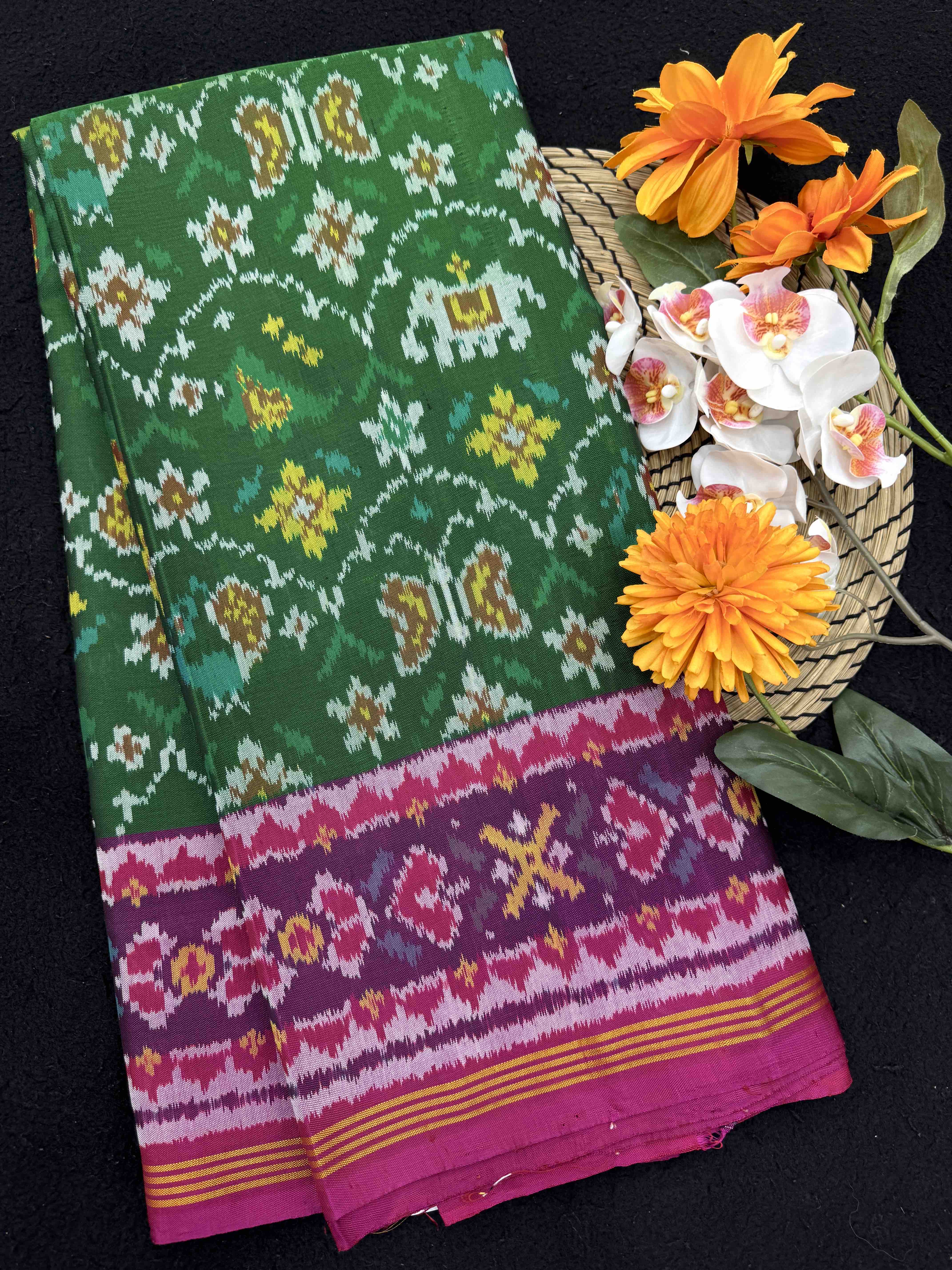 Pink & Green Fancy Narikunj Single Ikat Patan Patola Saree