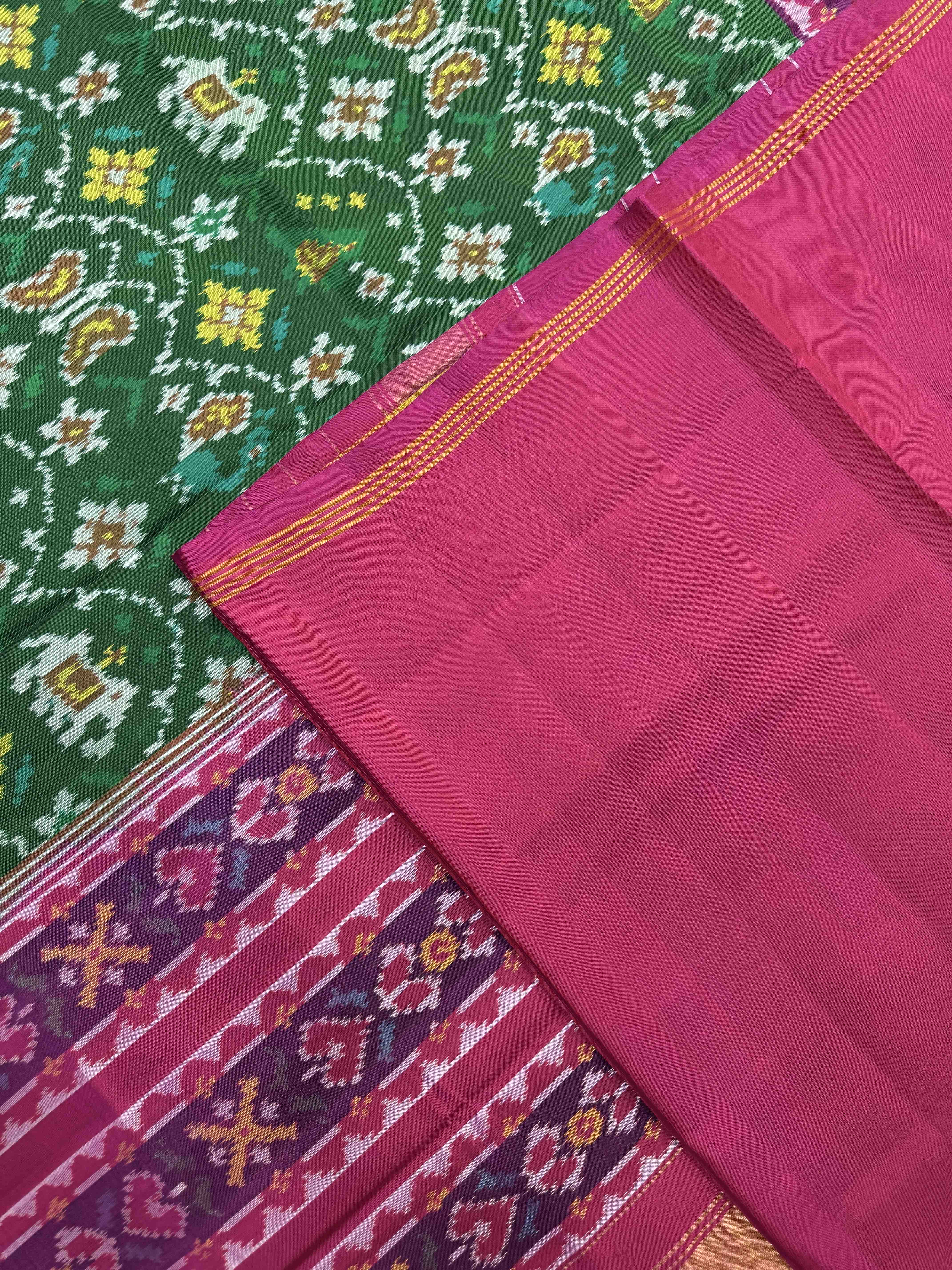 Pink & Green Fancy Narikunj Single Ikat Patan Patola Saree