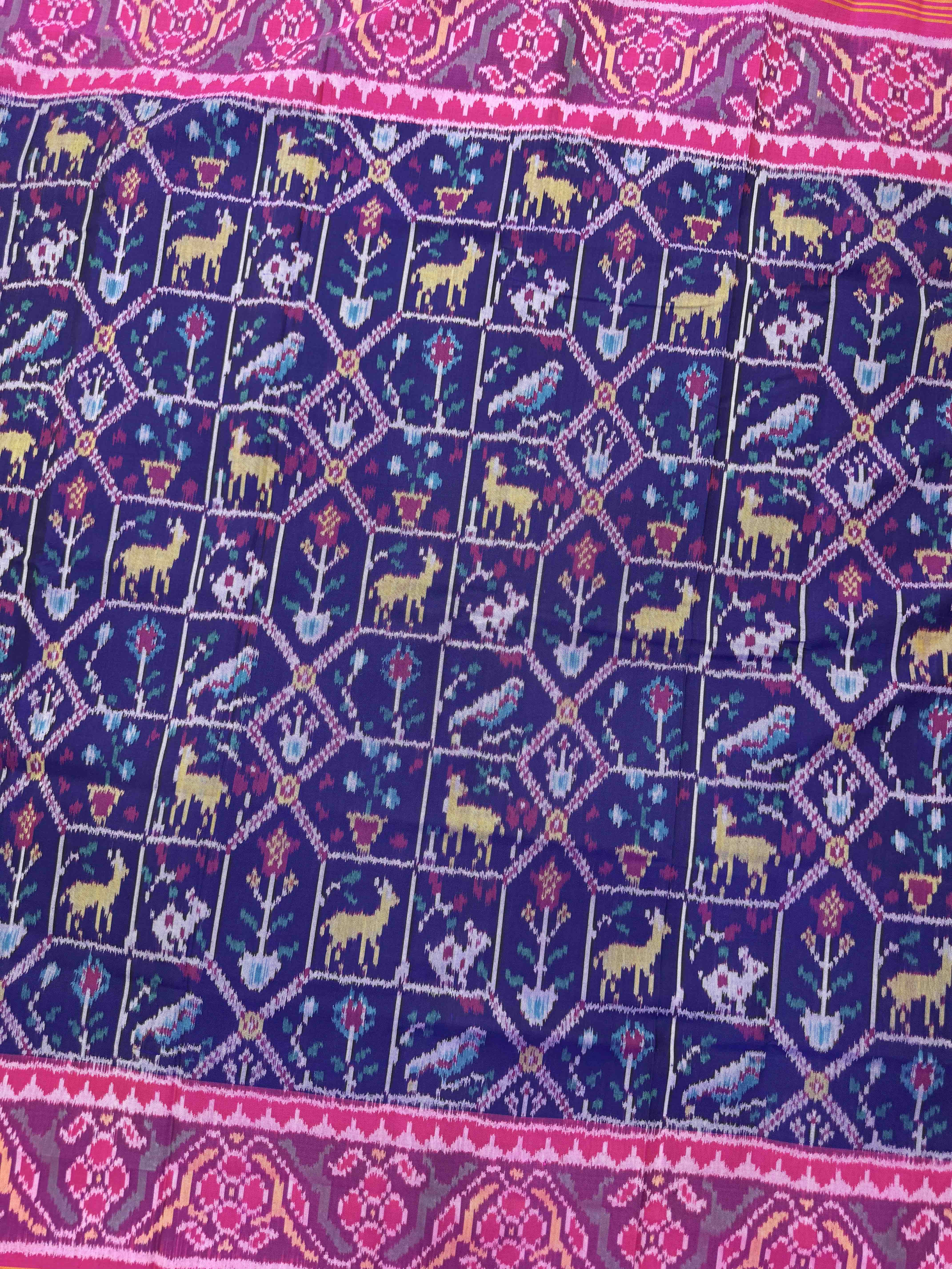 Pink & Dark Blue Small Narikunj Single Ikat Patan Patola Saree