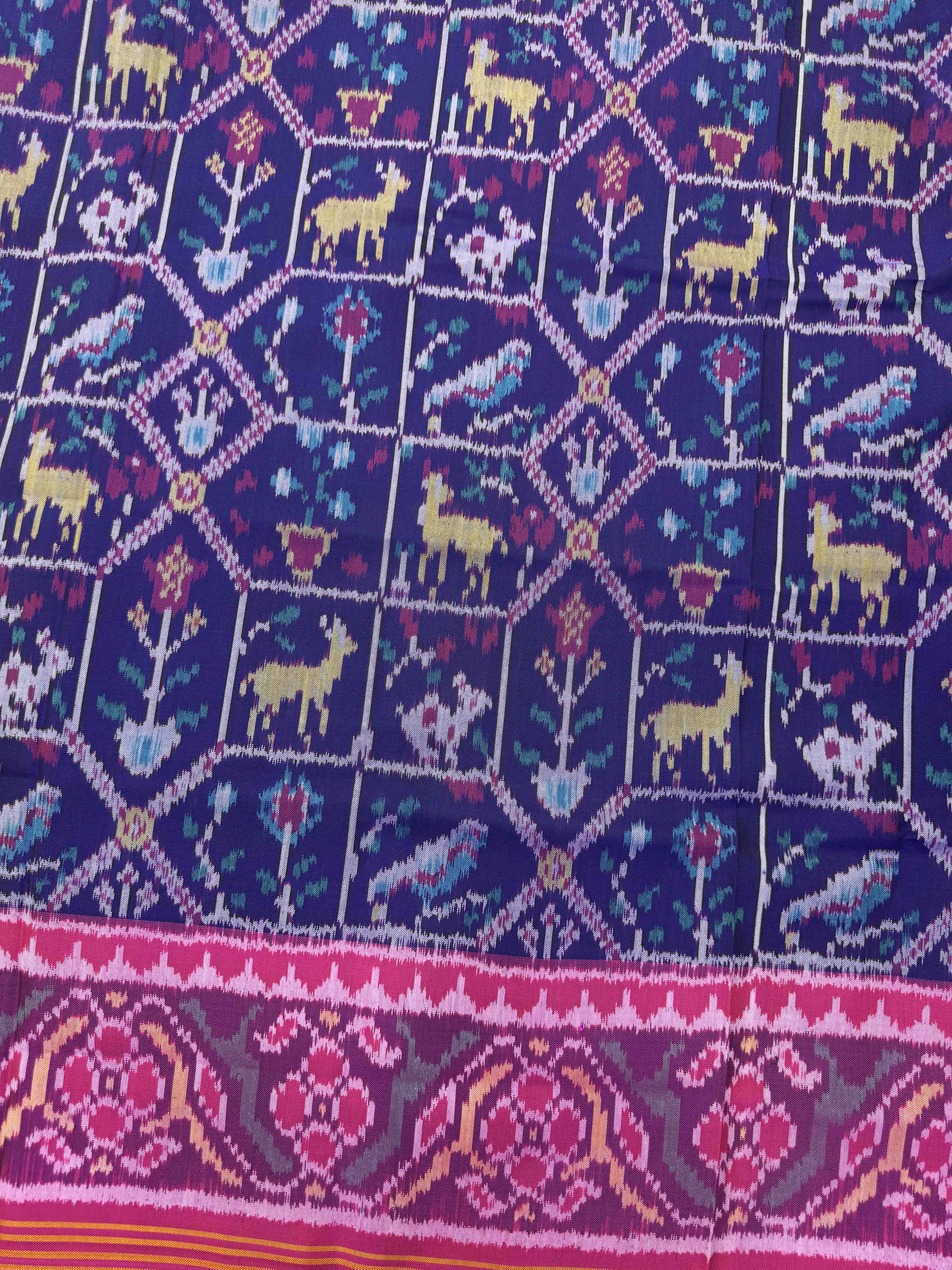 Pink & Dark Blue Small Narikunj Single Ikat Patan Patola Saree