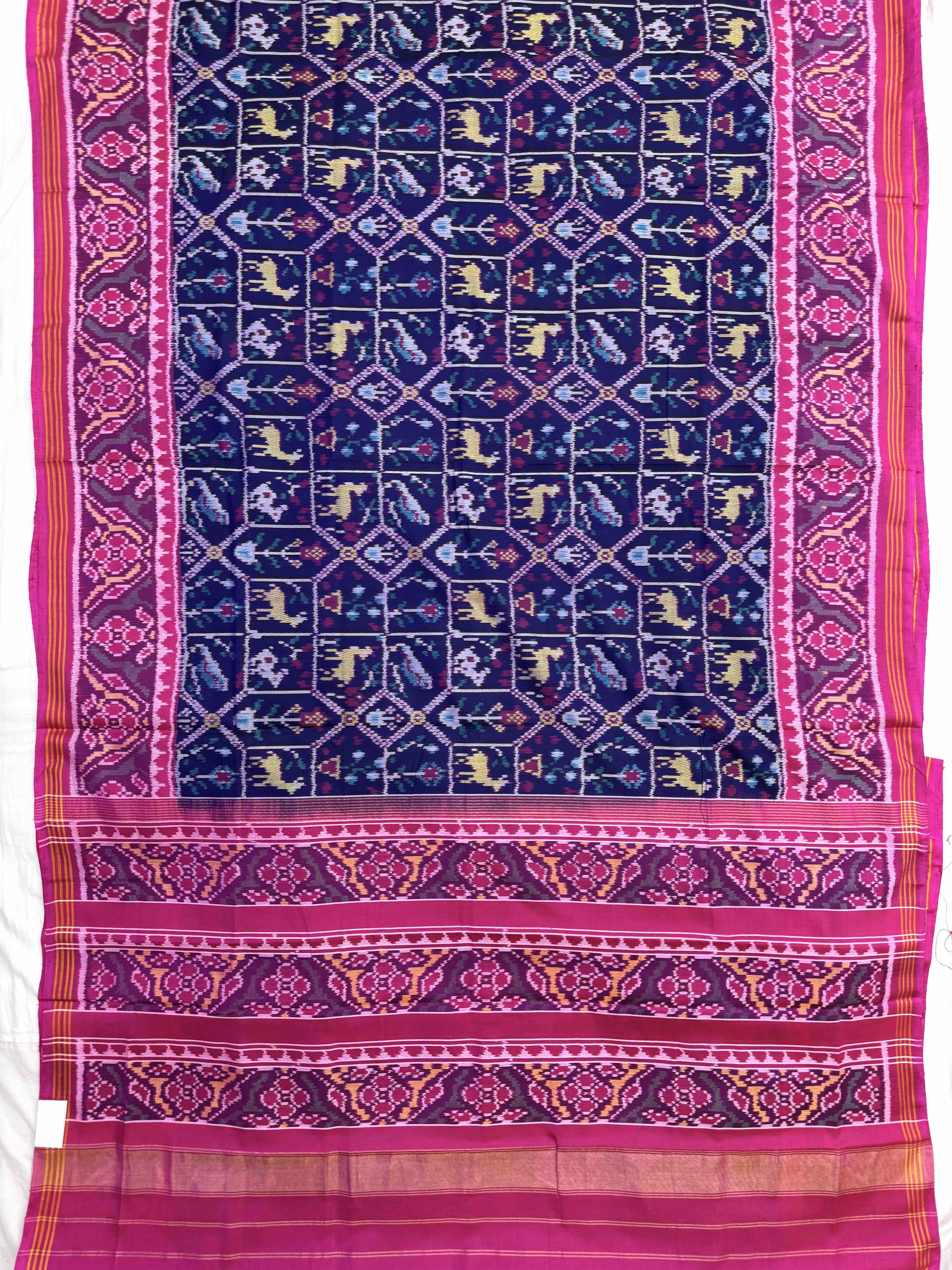Pink & Dark Blue Small Narikunj Single Ikat Patan Patola Saree