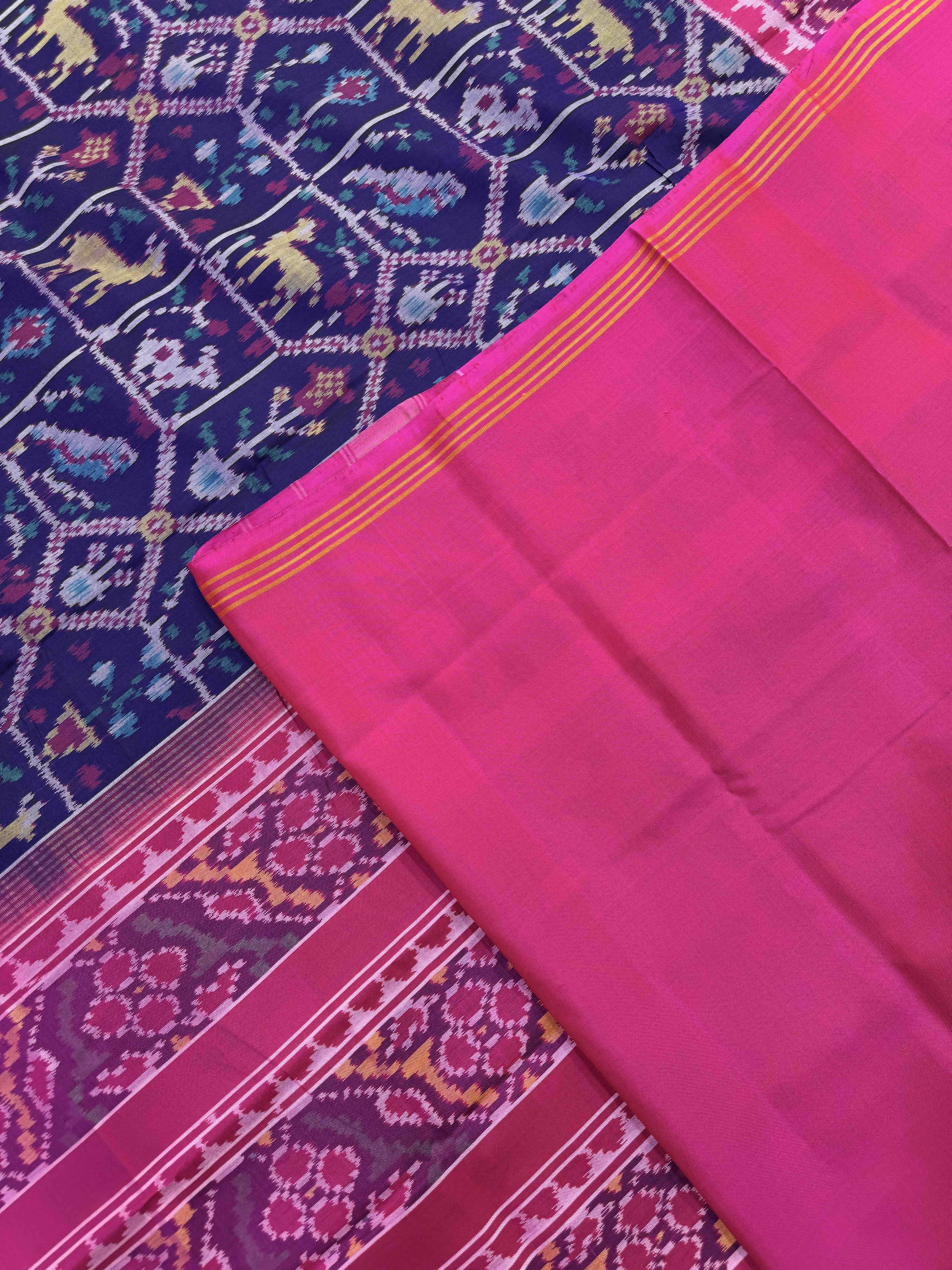 Pink & Dark Blue Small Narikunj Single Ikat Patan Patola Saree