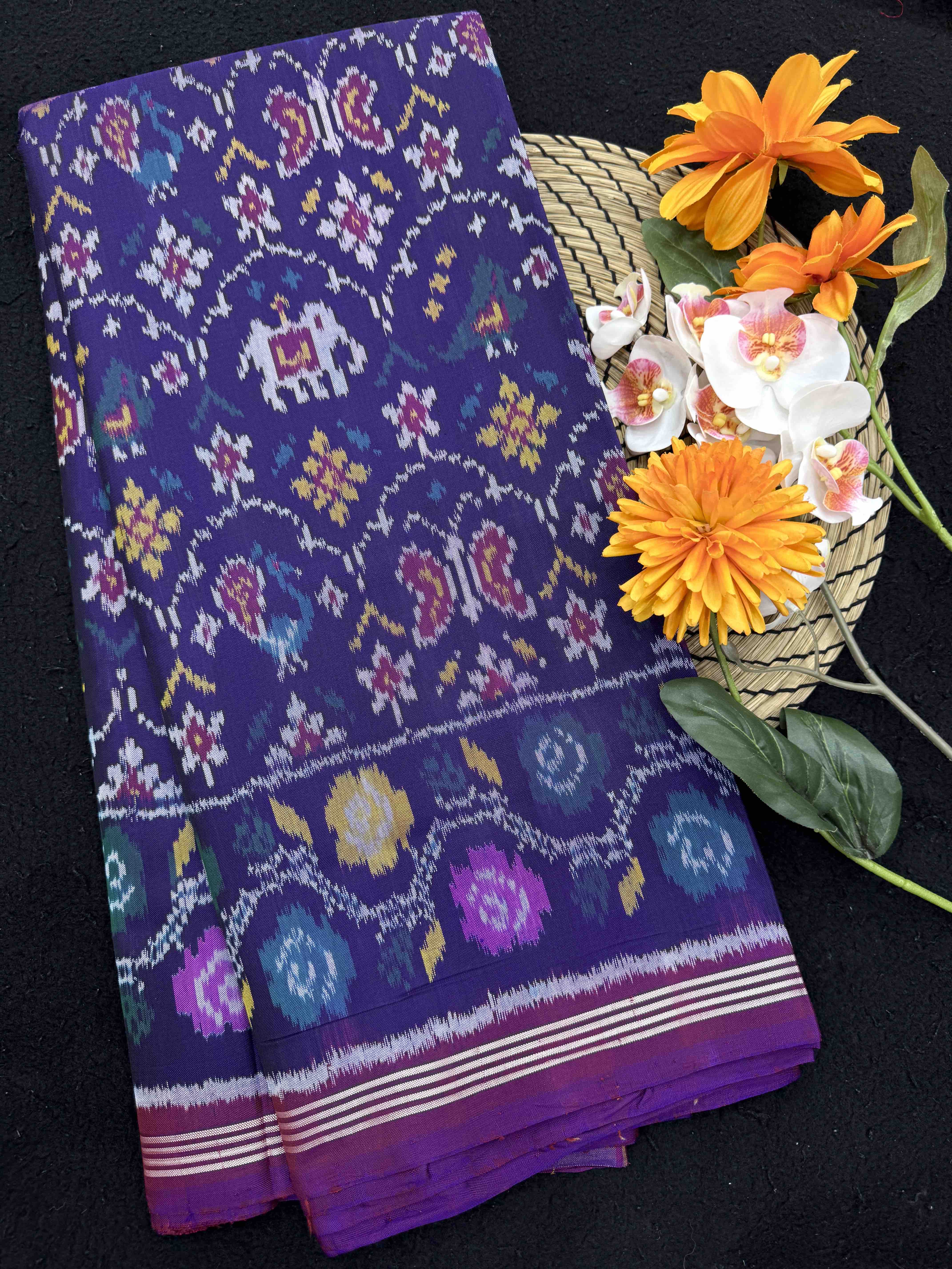 Purple & Dark Purplish Blue Narikunj Fancy Single Ikat Patan Patola Saree