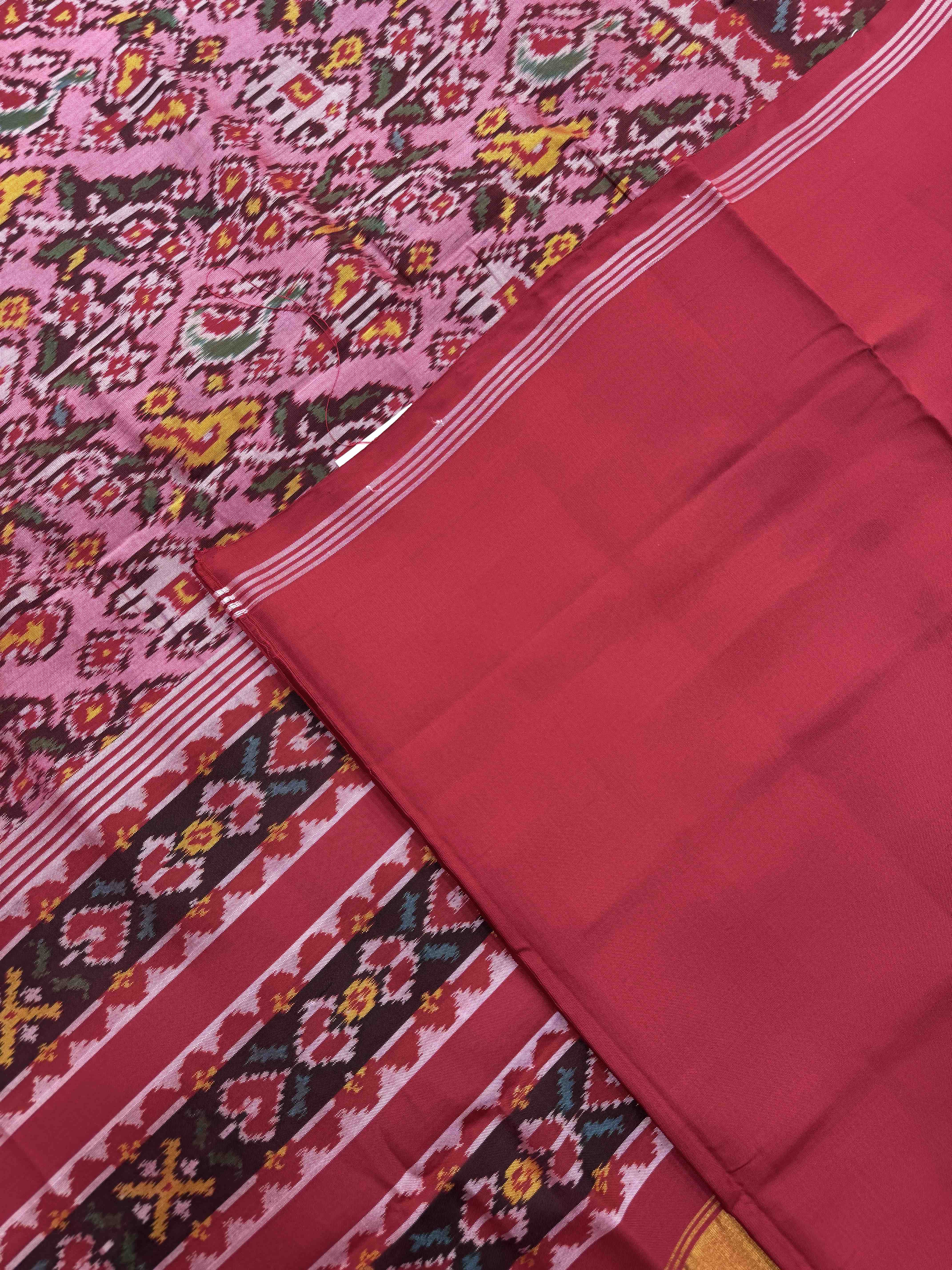 Red & Light Pink Narikunj Leheriya Single Ikat Patan Patola Saree