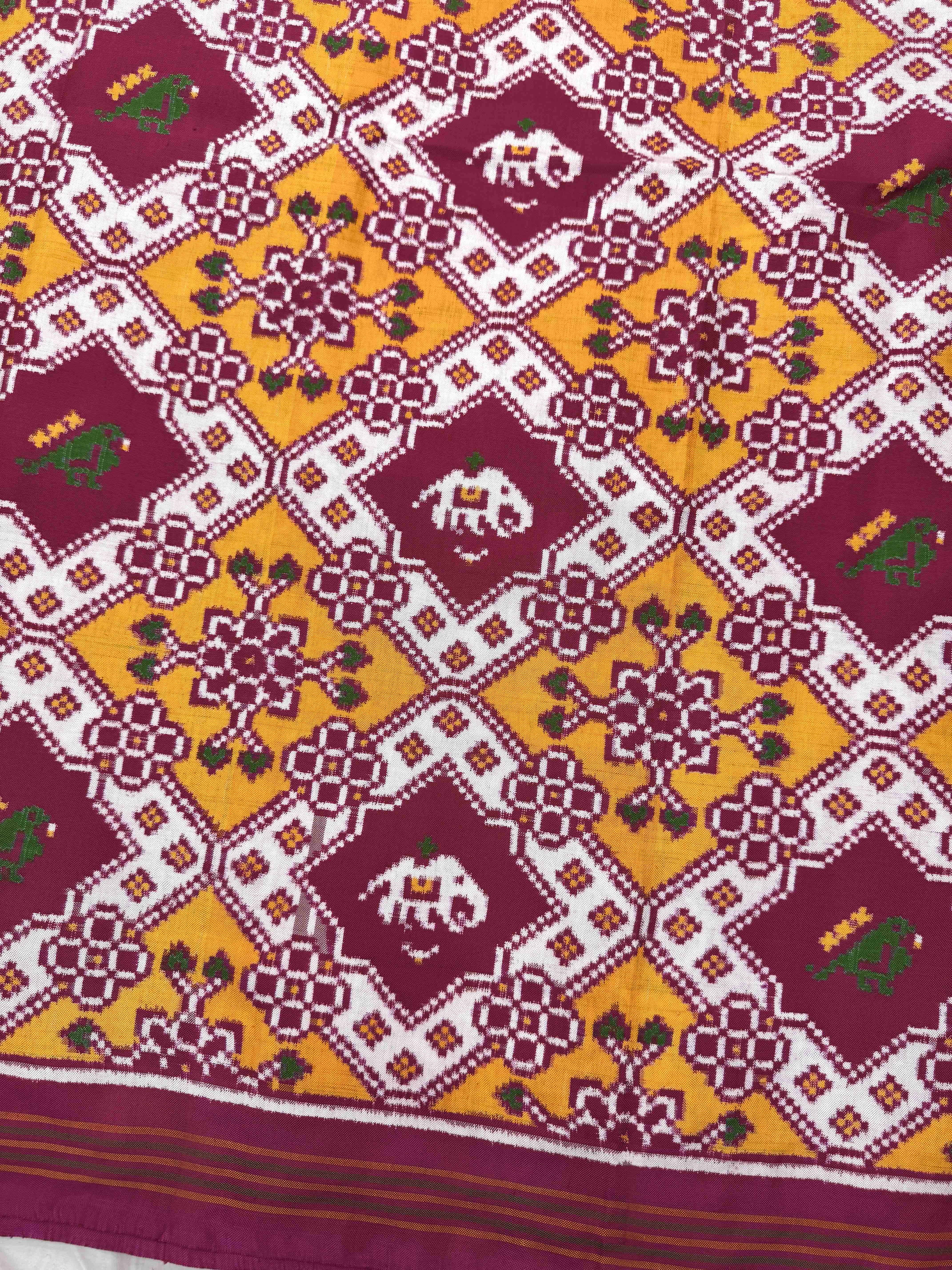Pink & Yellow Narikunj Elephant Fancy Double Ikat Patan Patola Saree