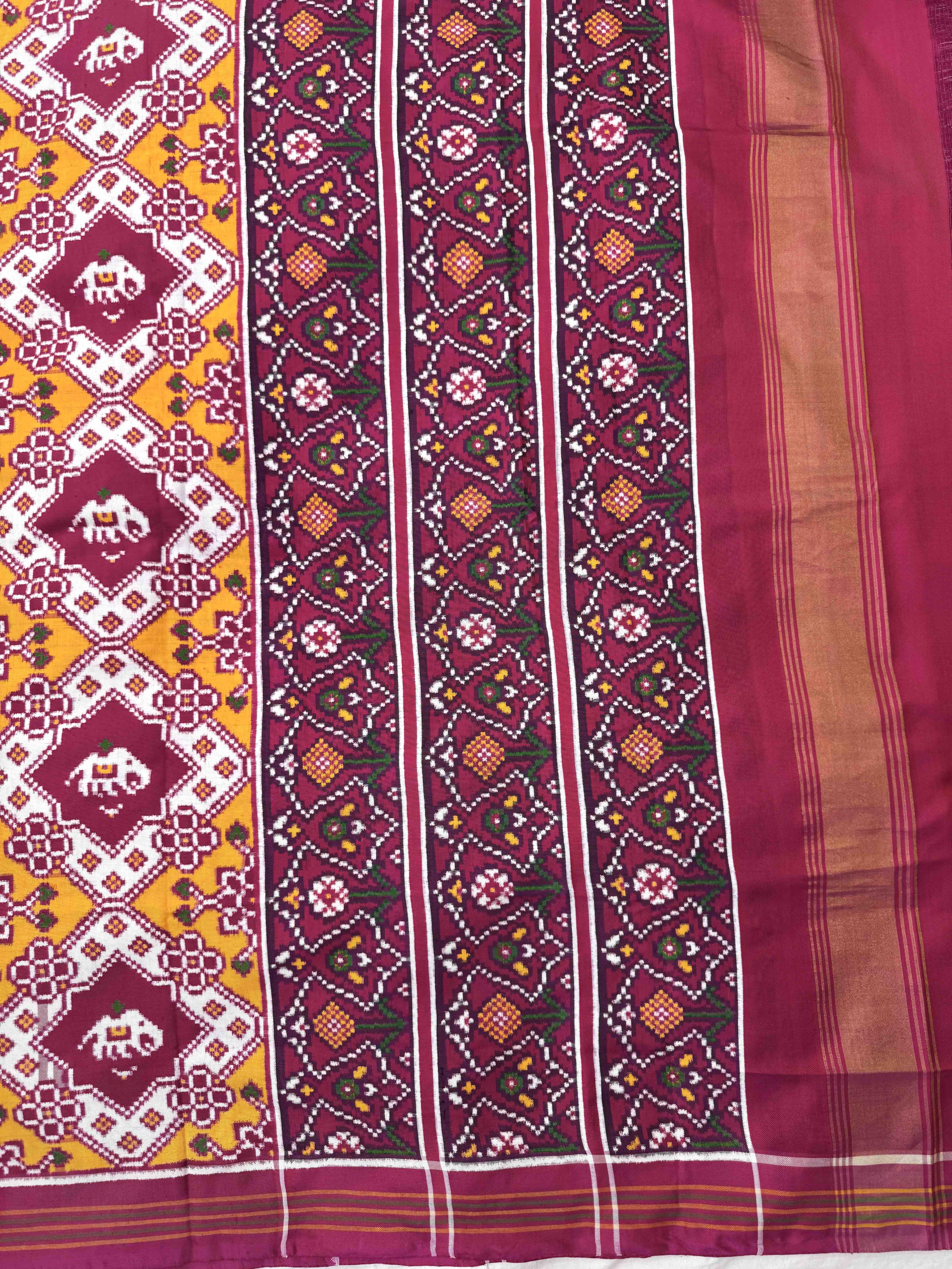 Pink & Yellow Narikunj Elephant Fancy Double Ikat Patan Patola Saree