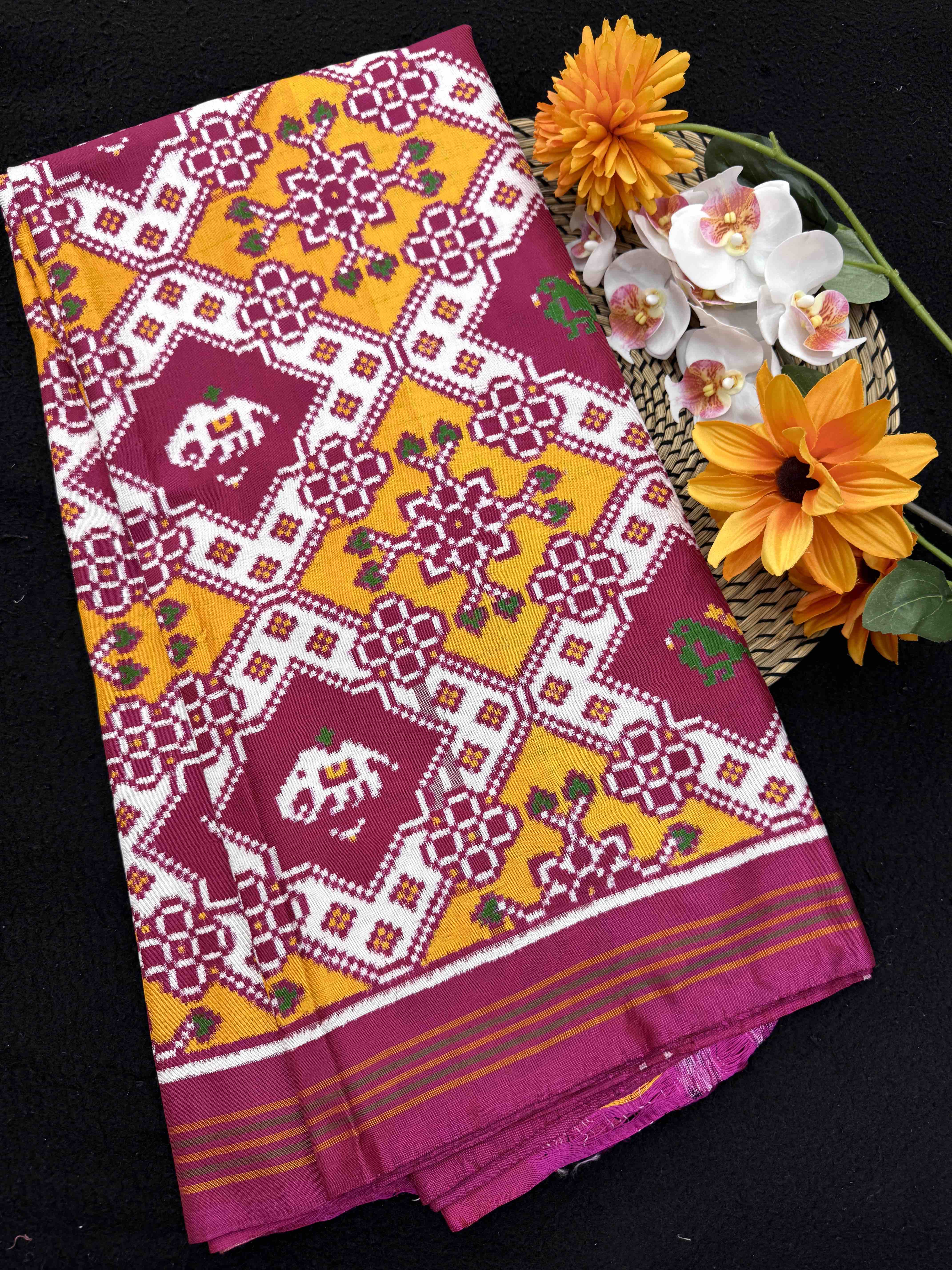 Pink & Yellow Narikunj Elephant Fancy Double Ikat Patan Patola Saree