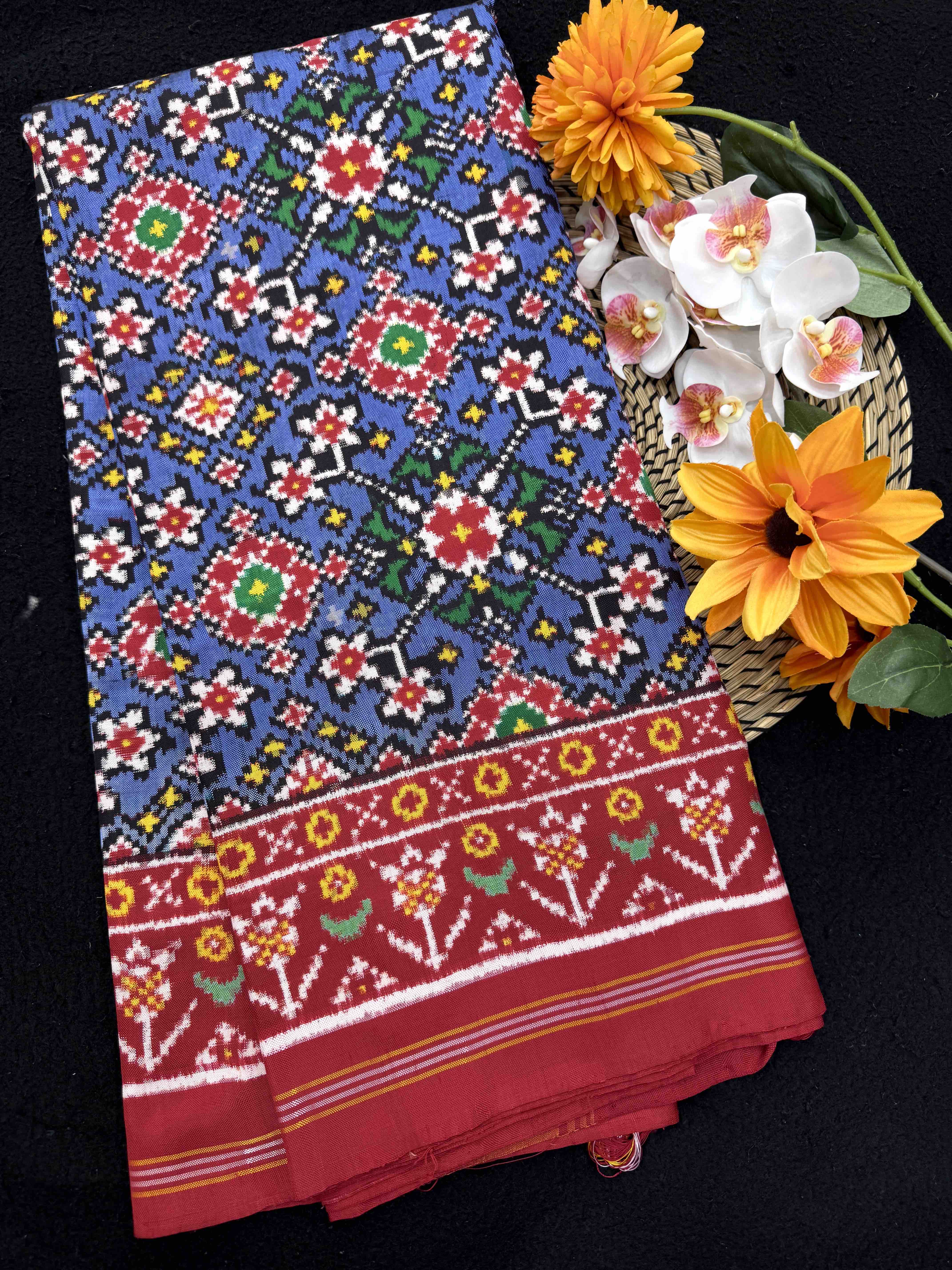 Red & Light Blue Navratan Double Ikat Patan Patola Saree