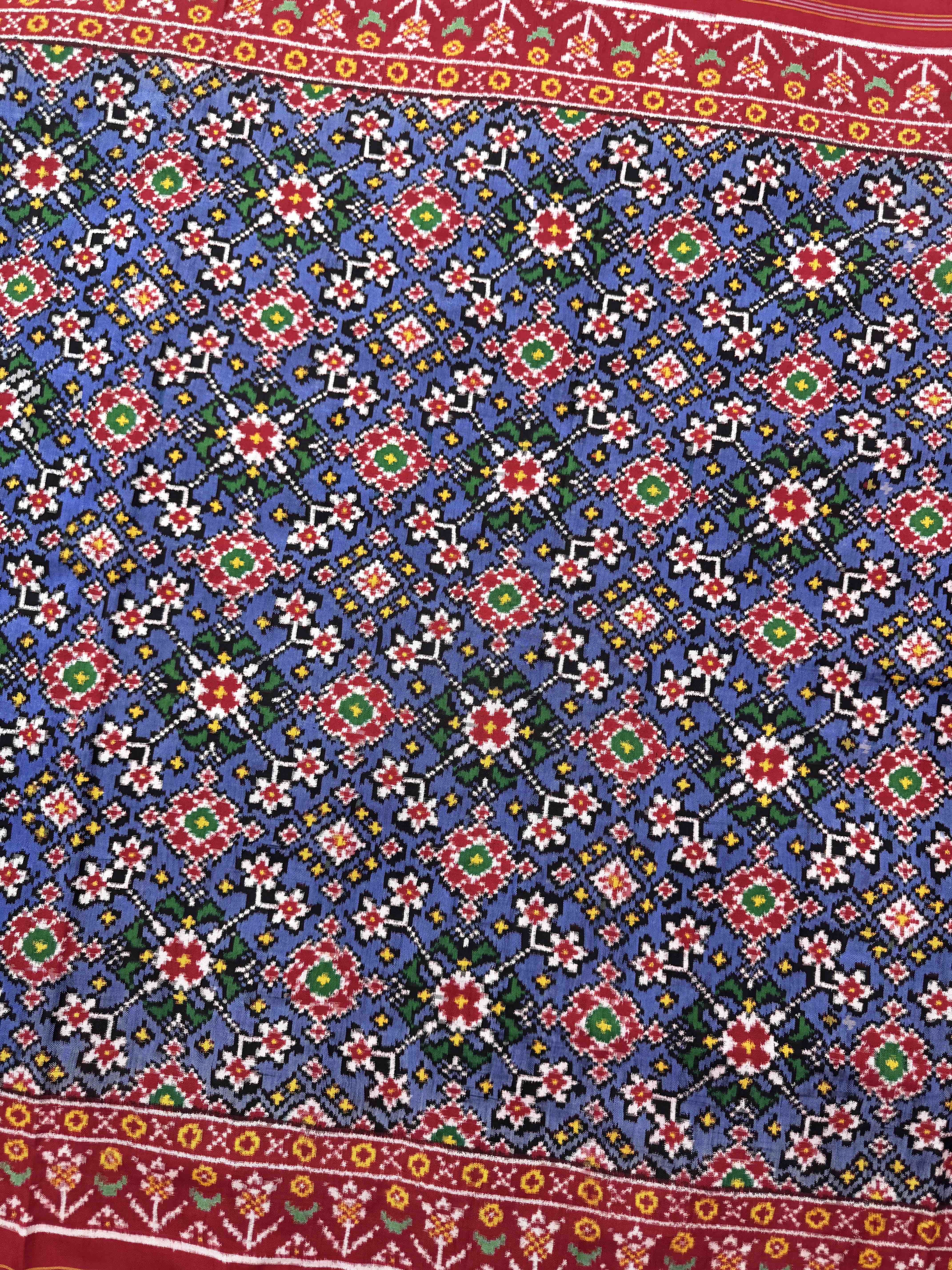 Red & Light Blue Navratan Double Ikat Patan Patola Saree