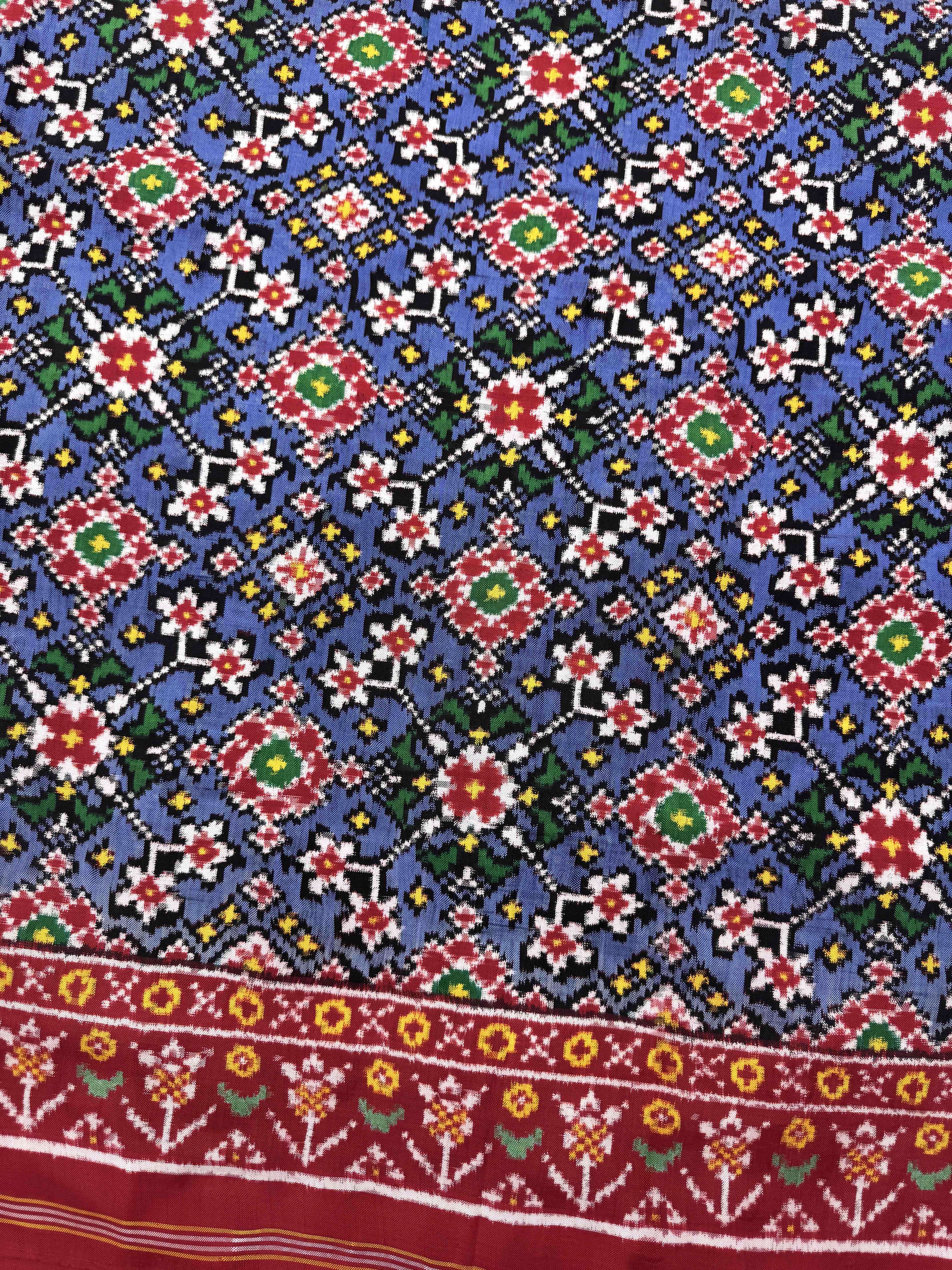 Red & Light Blue Navratan Double Ikat Patan Patola Saree