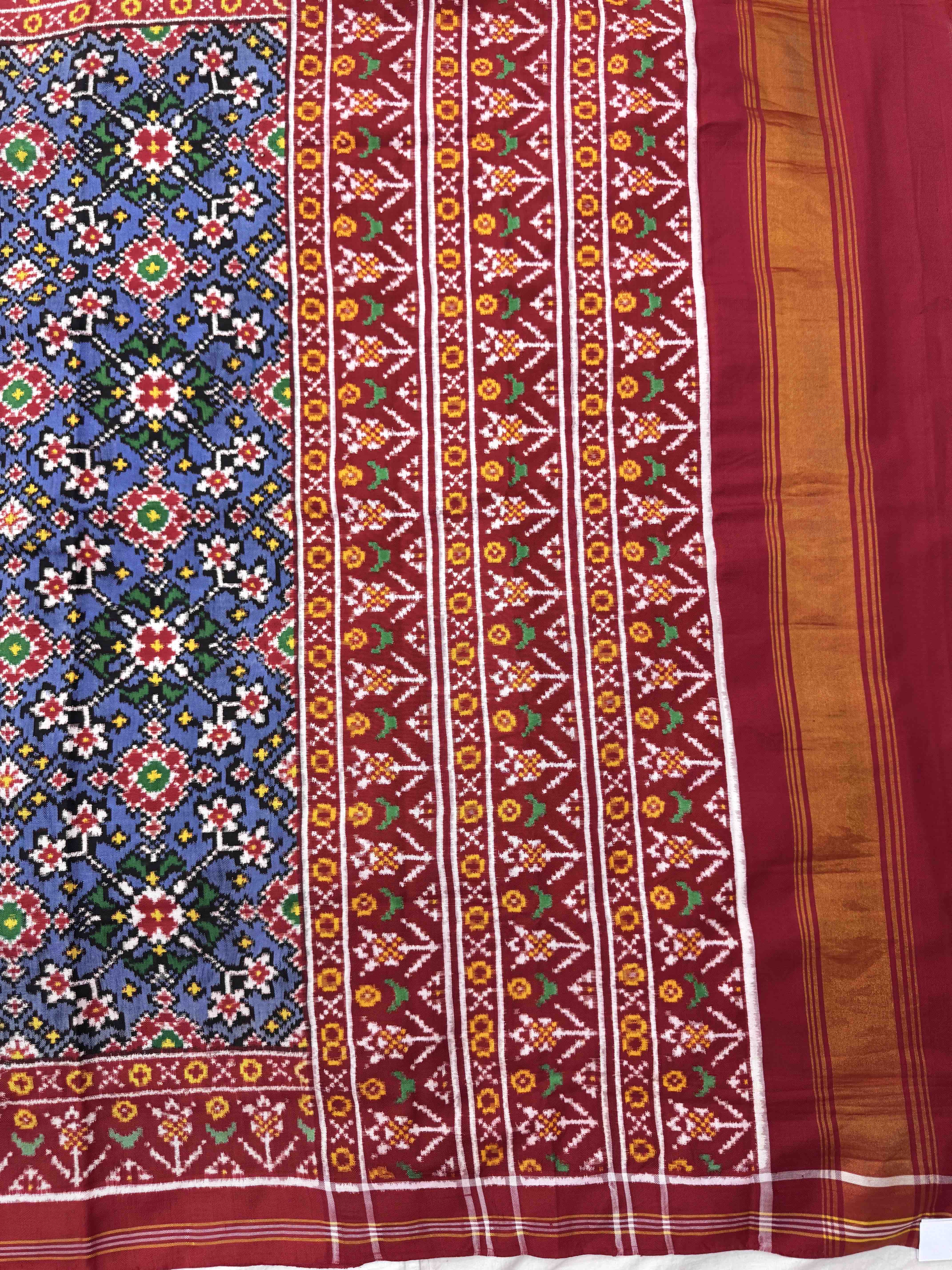 Red & Light Blue Navratan Double Ikat Patan Patola Saree