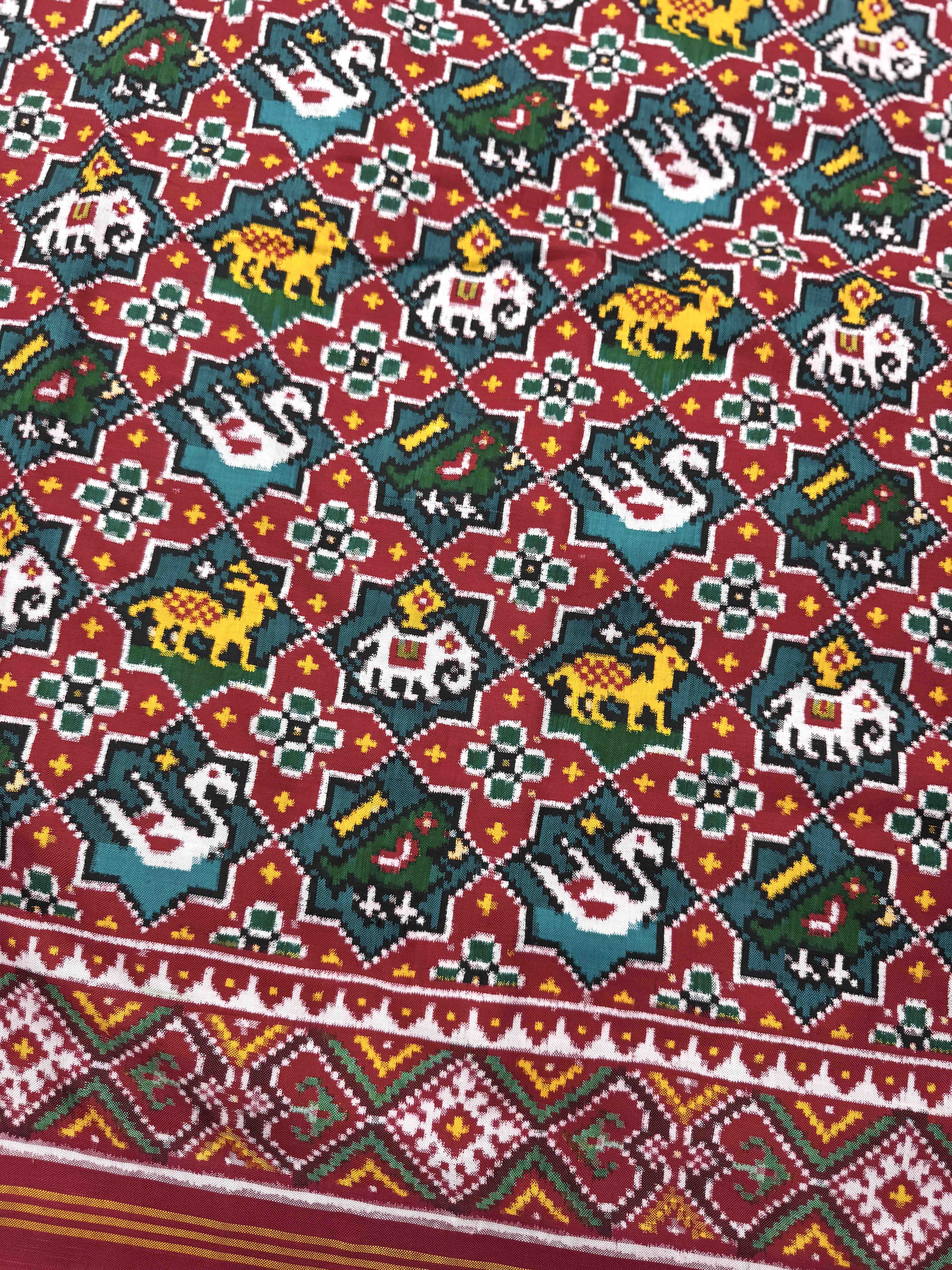 Red & Turquoise Small Narikunj Star Double Ikat Patan Patola Saree