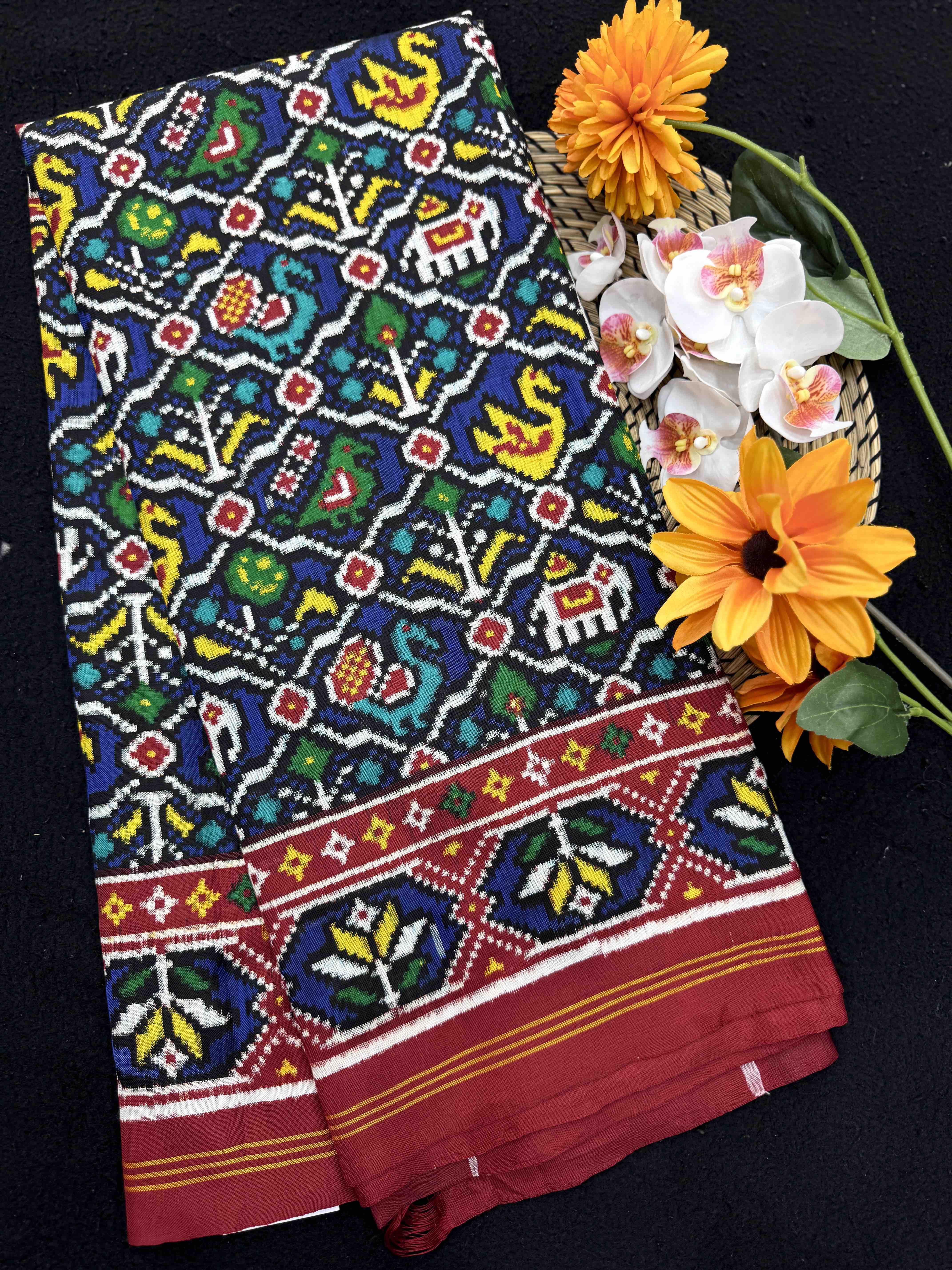 Red & Blue Small Narikunj Double Ikat Patan Patola Saree
