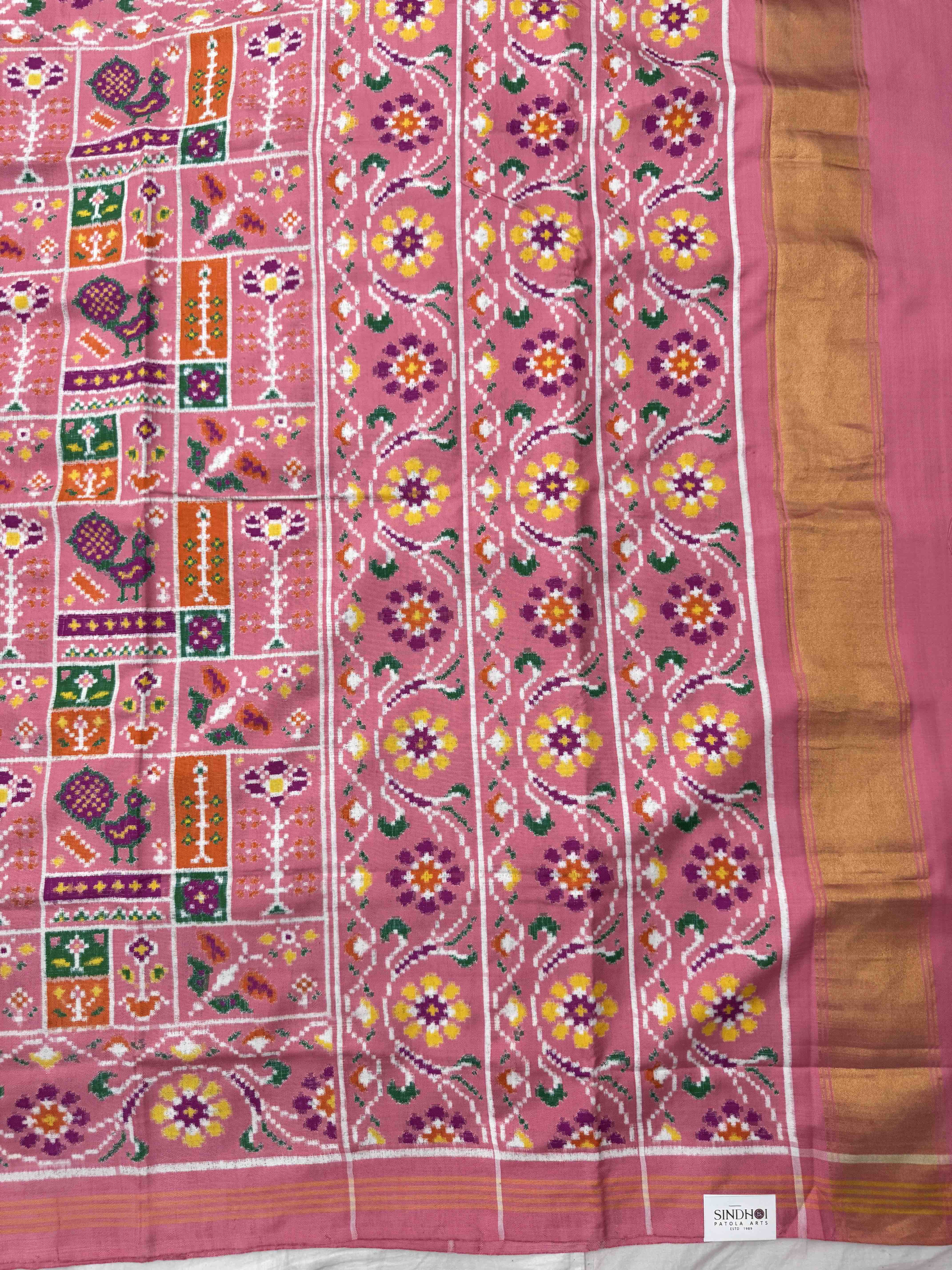 Light Pink Fancy Peacock Flower Double Ikat Patan Patola Saree