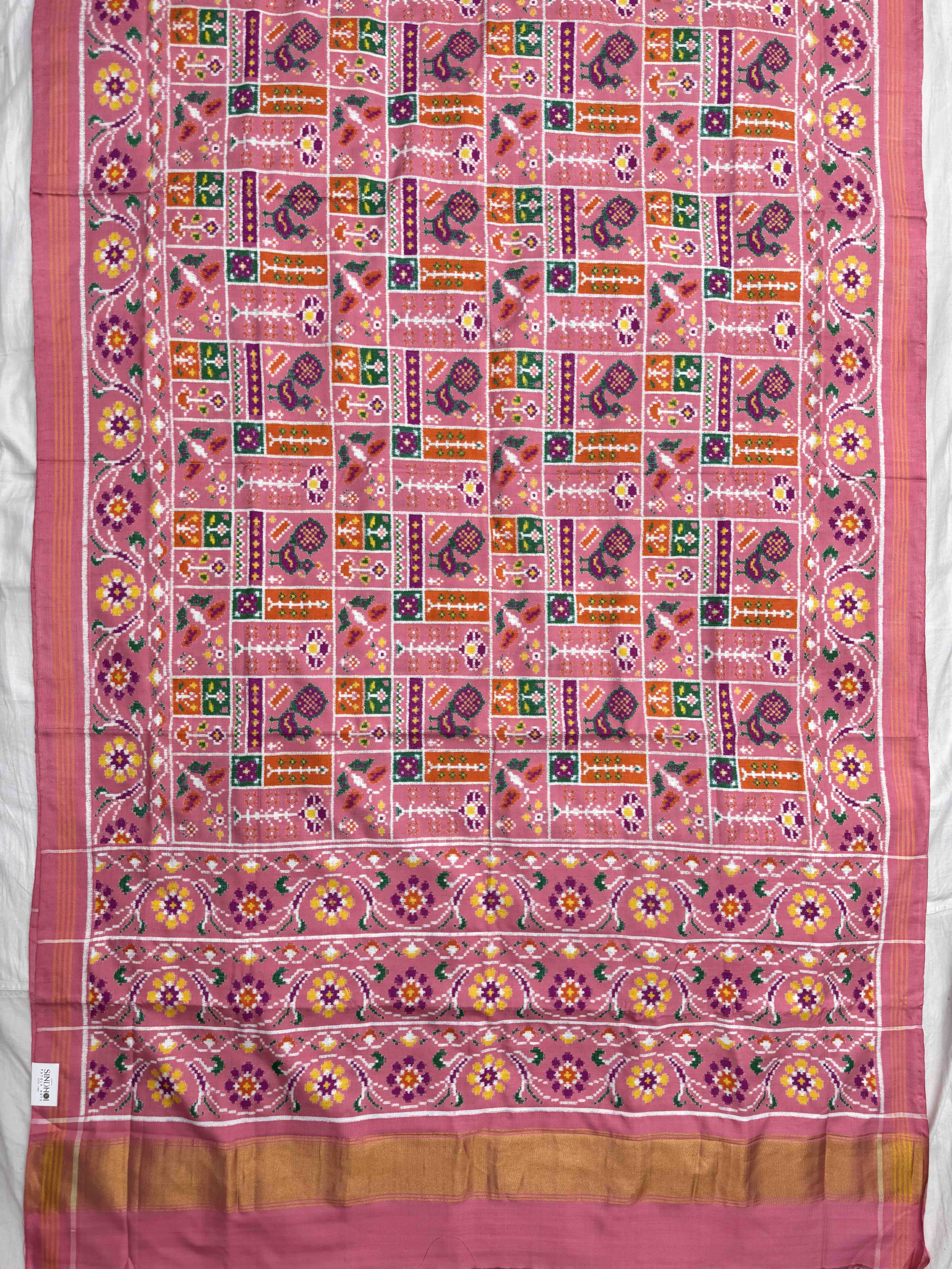 Light Pink Fancy Peacock Flower Double Ikat Patan Patola Saree