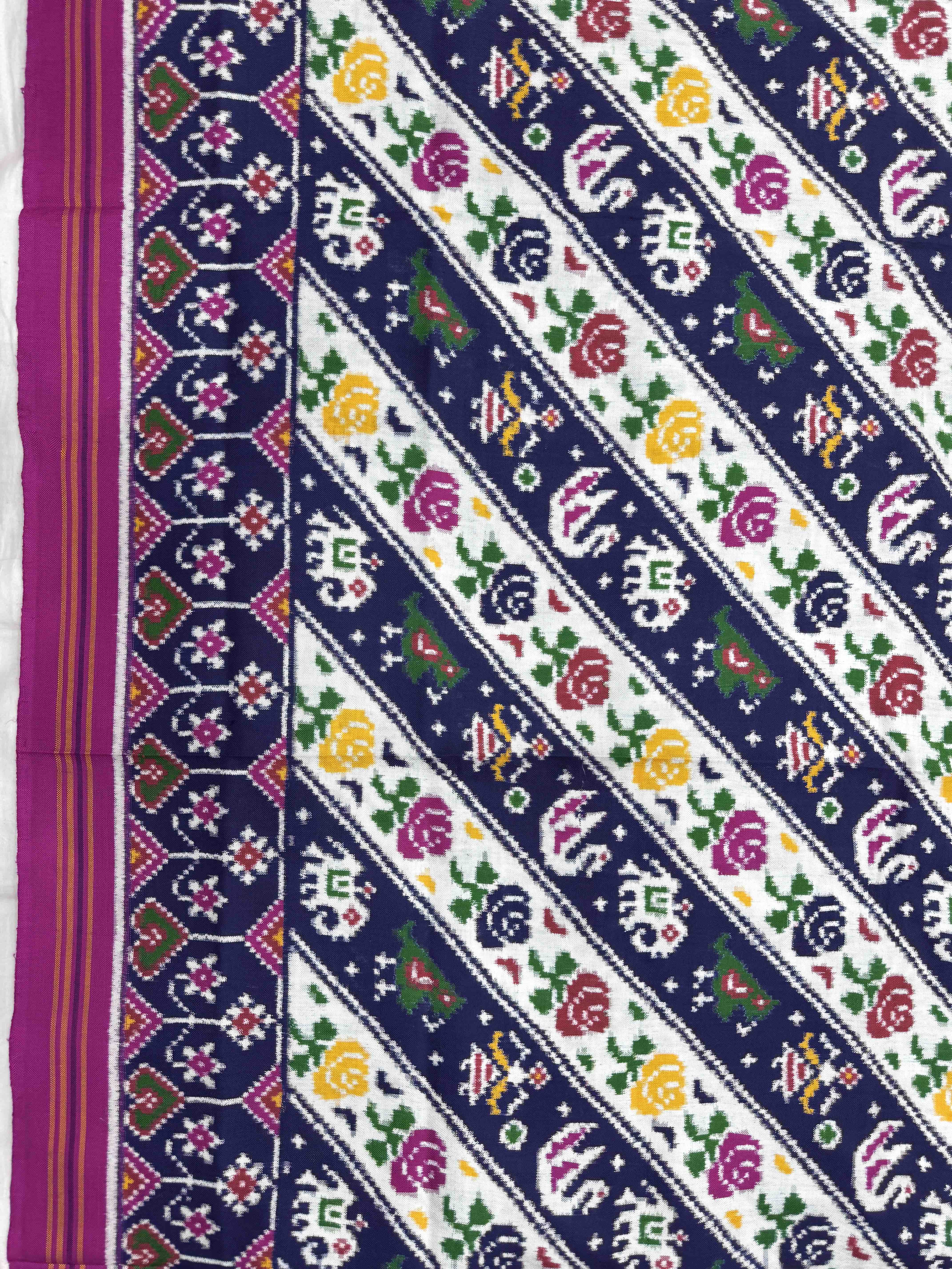 Purplish Pink & White with Dark Blue Nariikunj Flower Double Ikat Patan Patola Saree