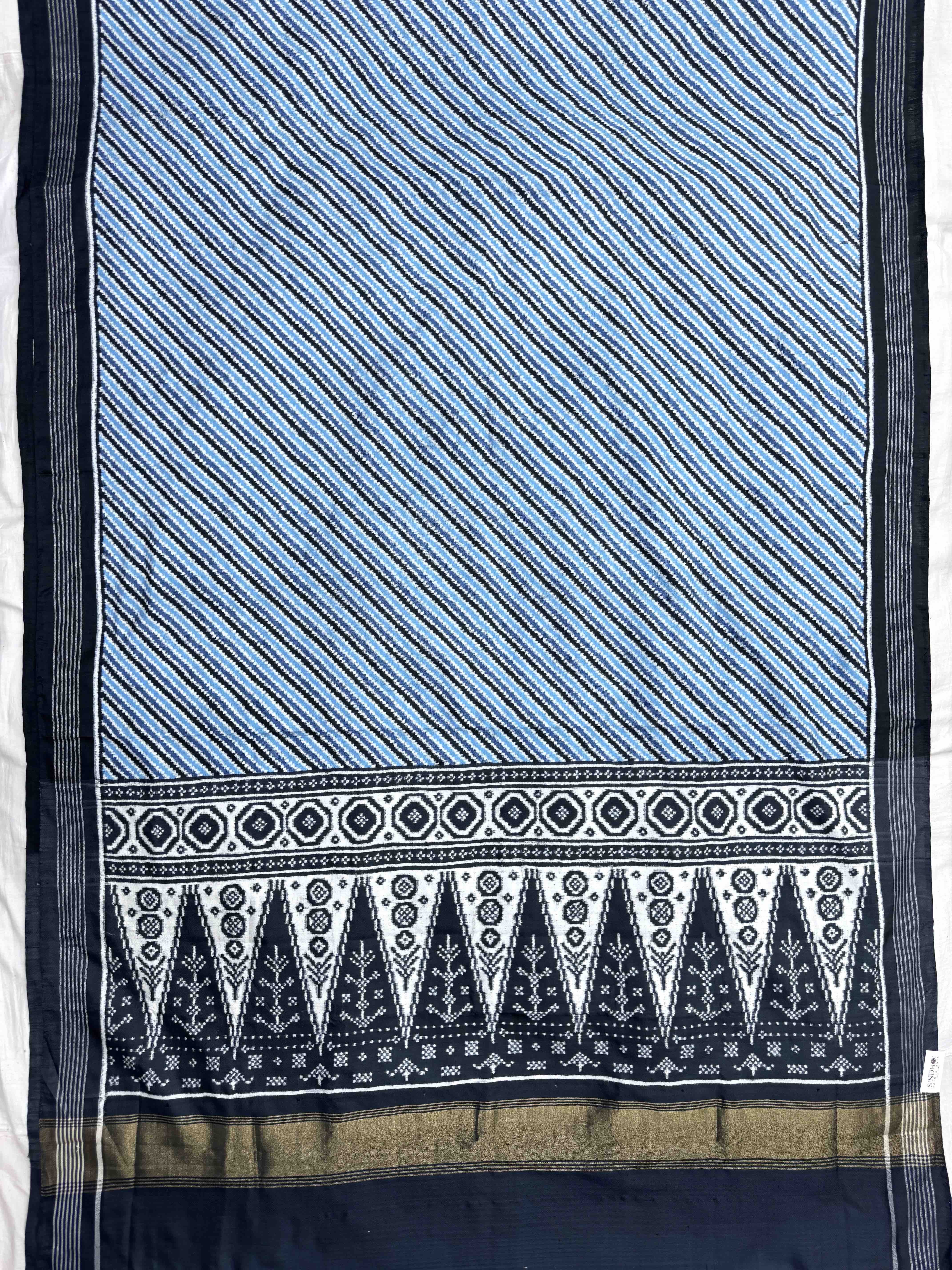 Grey & Sky Blue Lining Double Ikat Patan Patola Saree