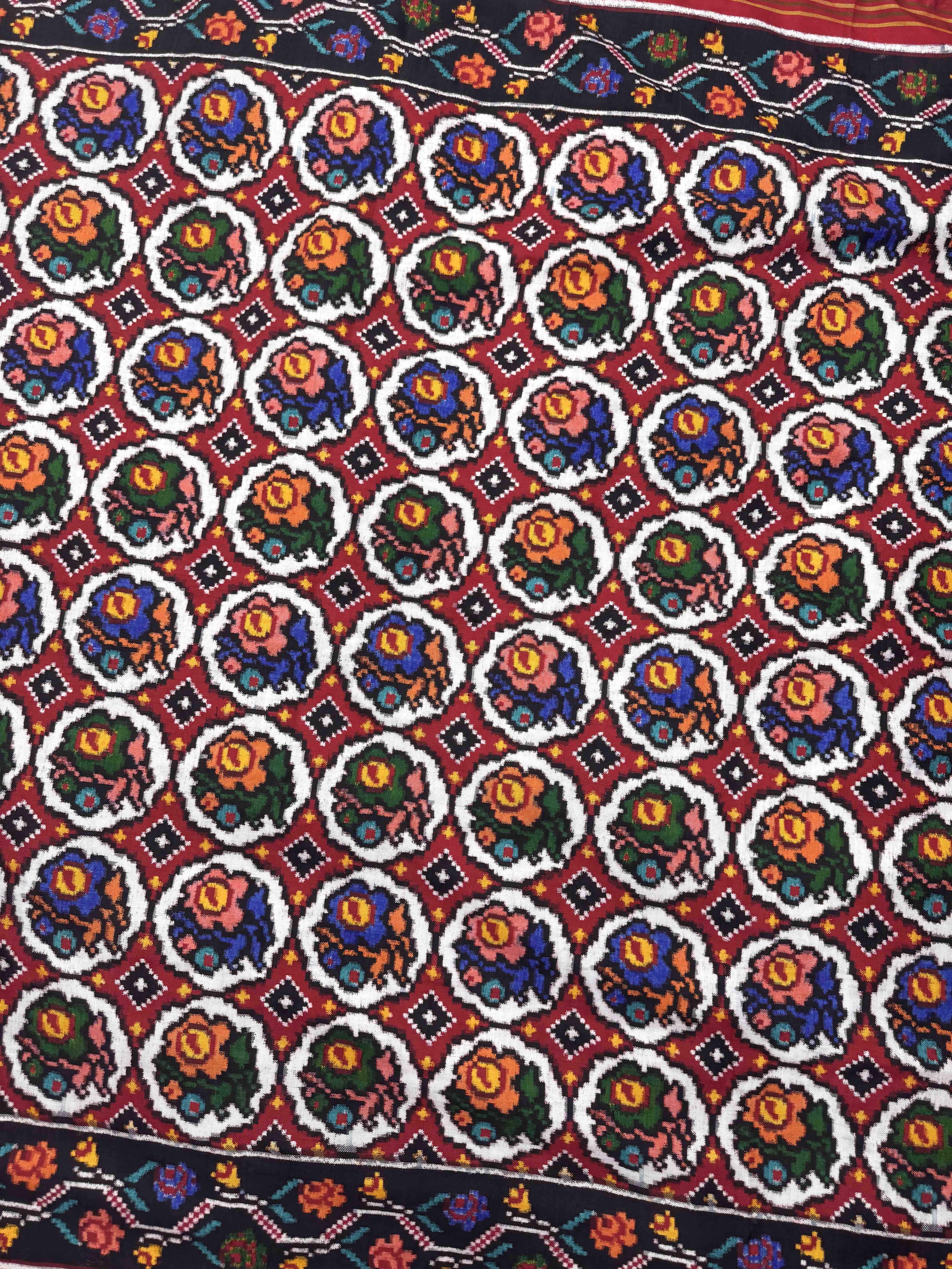 Red & Multicolor Circle Fancy Flower Double Ikat Patan Patola Saree
