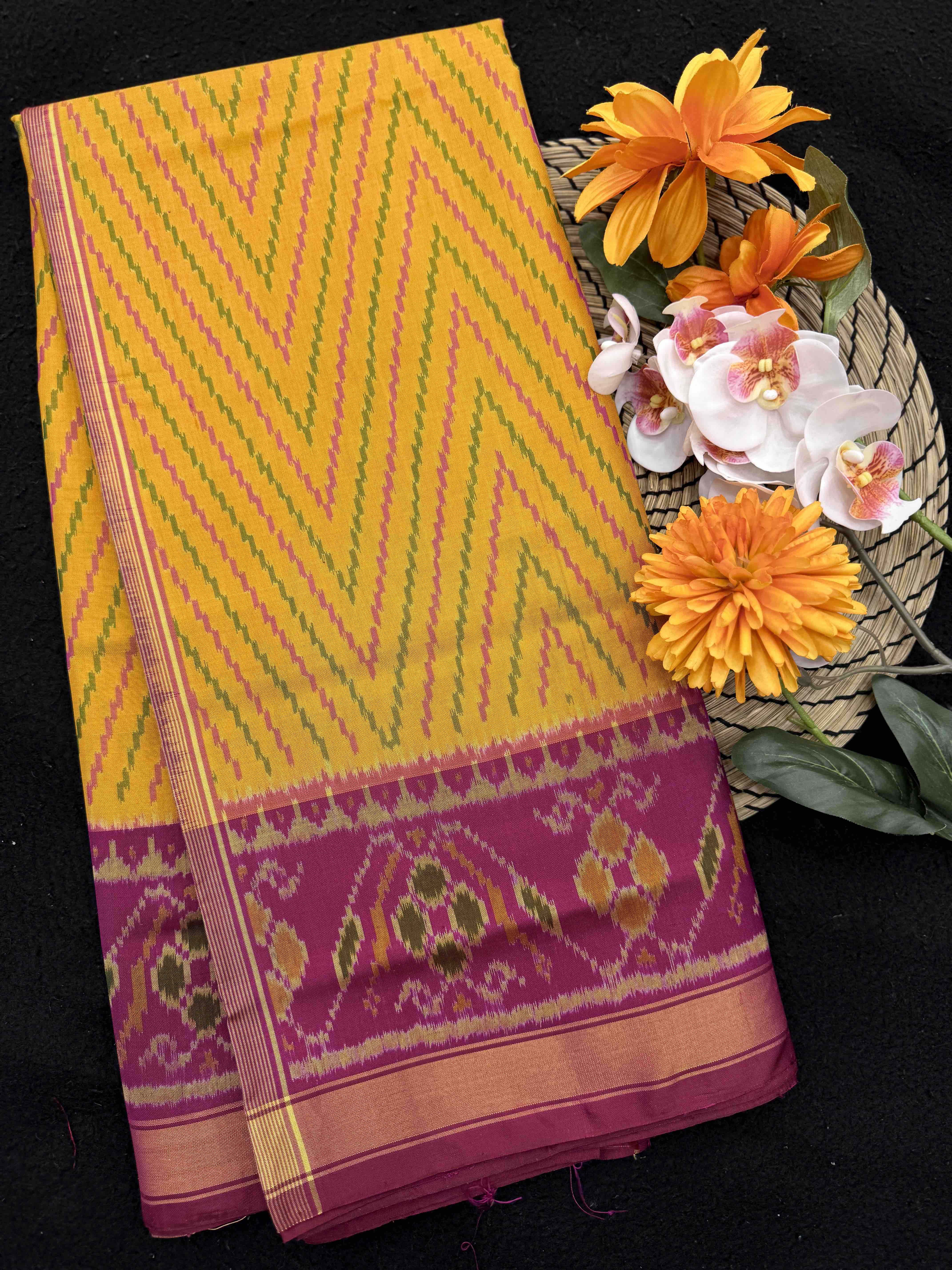Pink & Yellow Zig zag Lining Rajkot Patola Saree