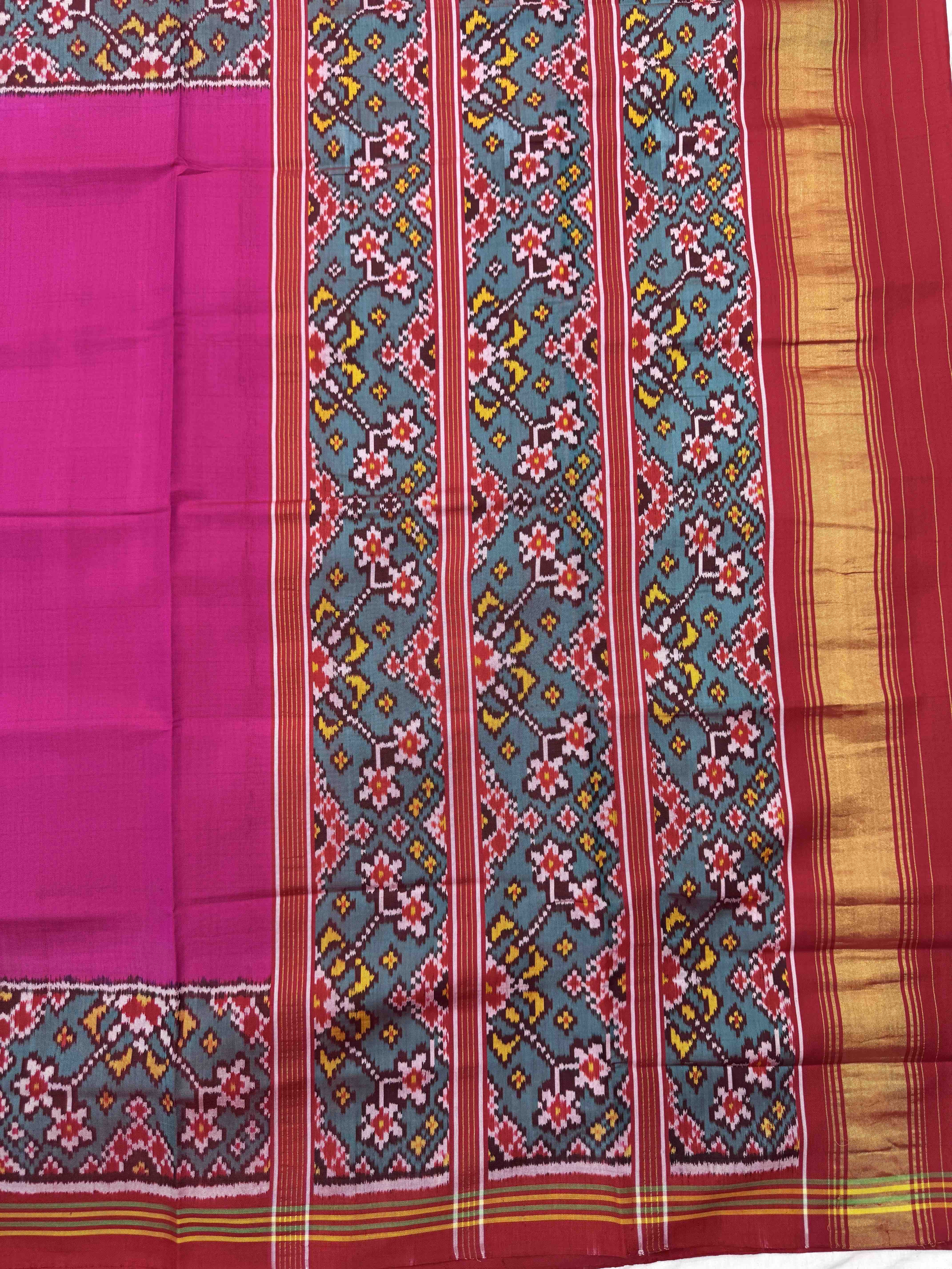 Red & Pink Plain with Navratan Border Single Ikat Patan Patola Saree