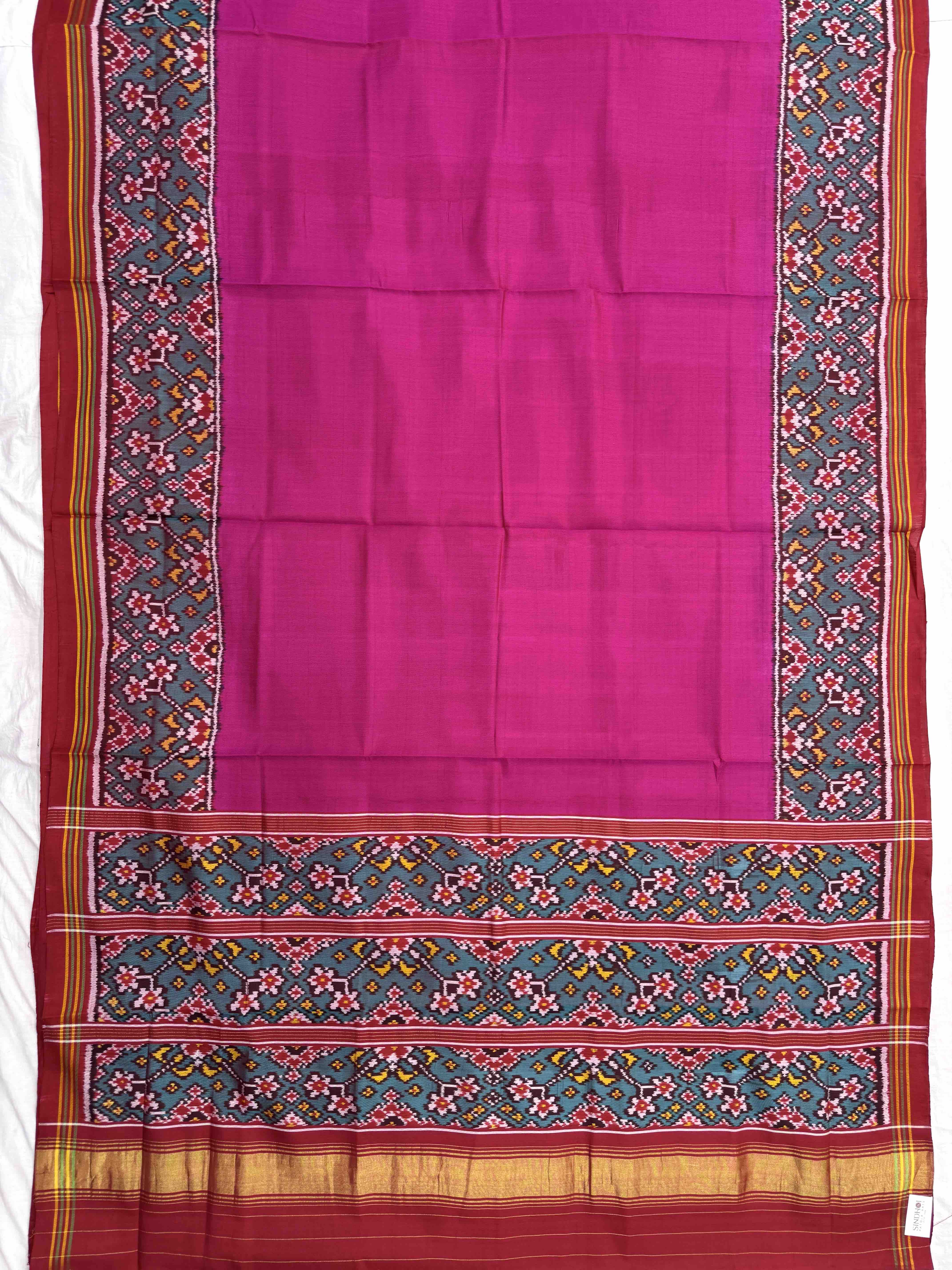 Red & Pink Plain with Navratan Border Single Ikat Patan Patola Saree